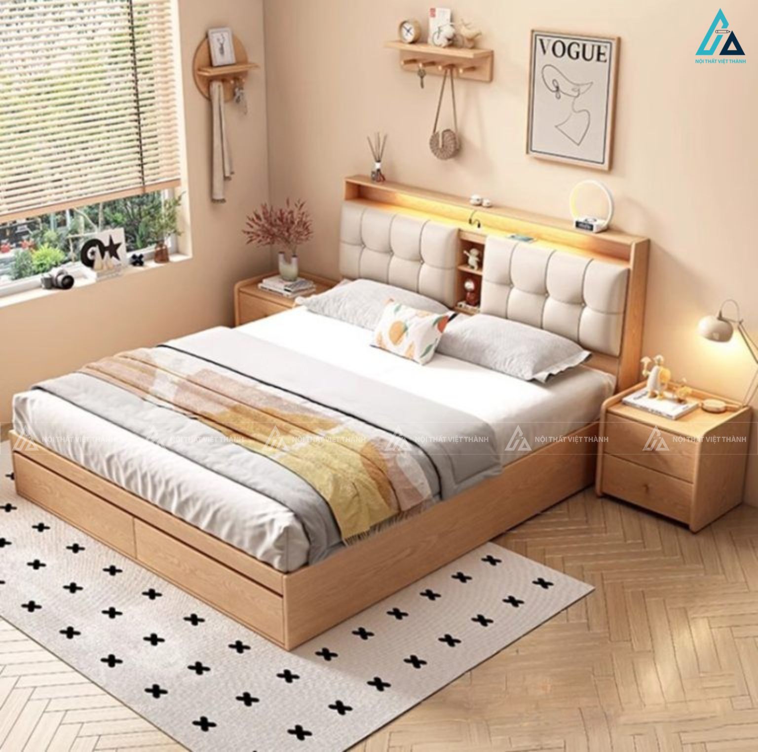 Giường ngủ gỗ công nghiệp đa năng tích hợp đèn led đầu giường 2