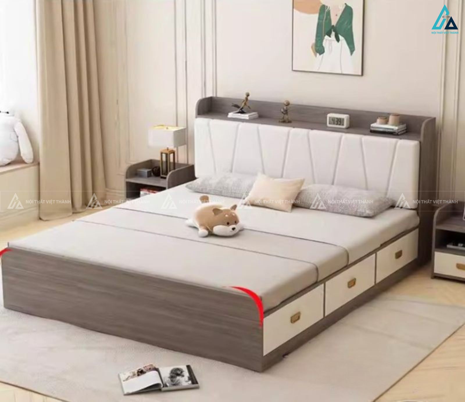 Giường gỗ công nghiệp đầu giường bọc nệm kết hợp kệ để đồ thông minh 2