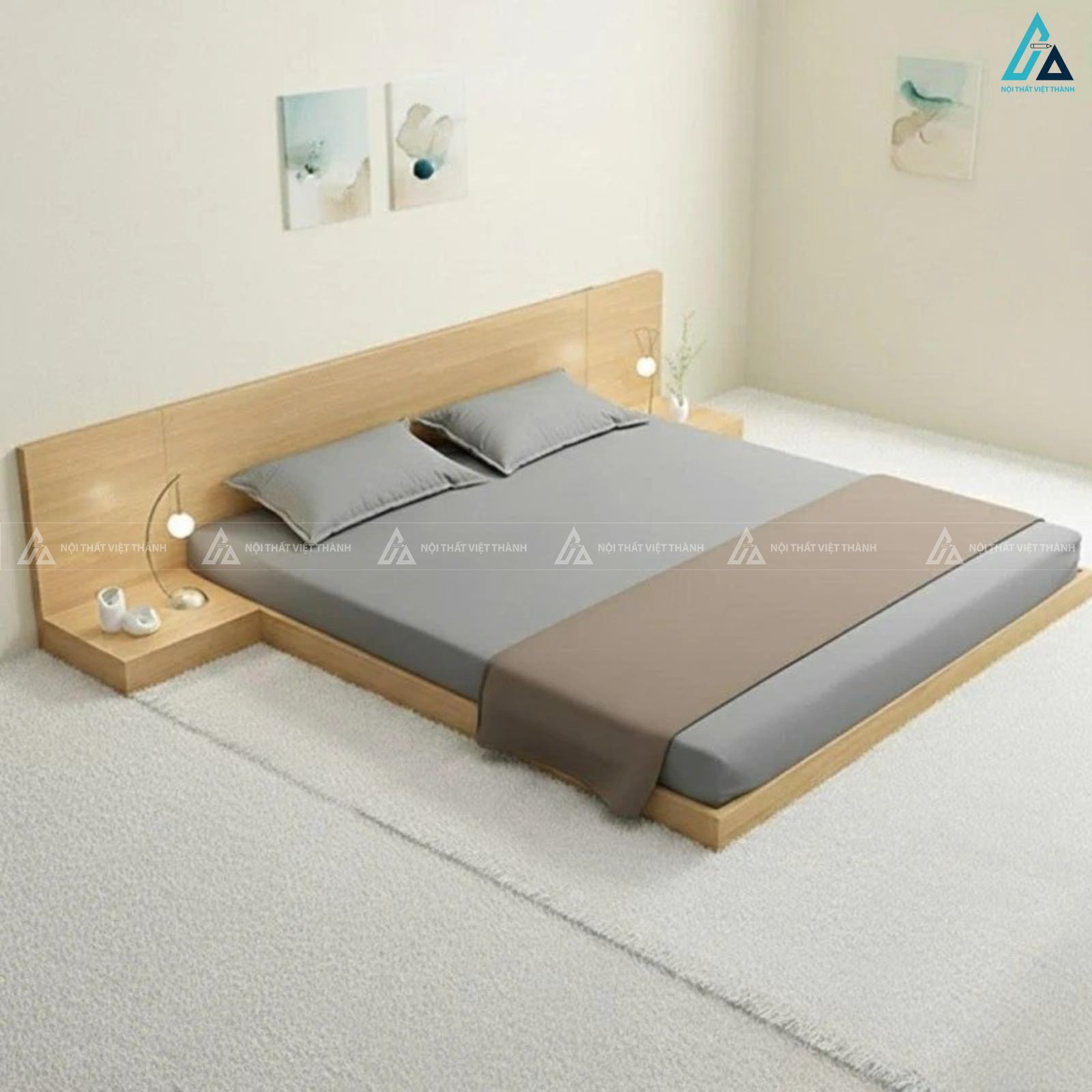 Giường gỗ công nghiệp kiểu bệt tối giản tích hợp tab đầu giường