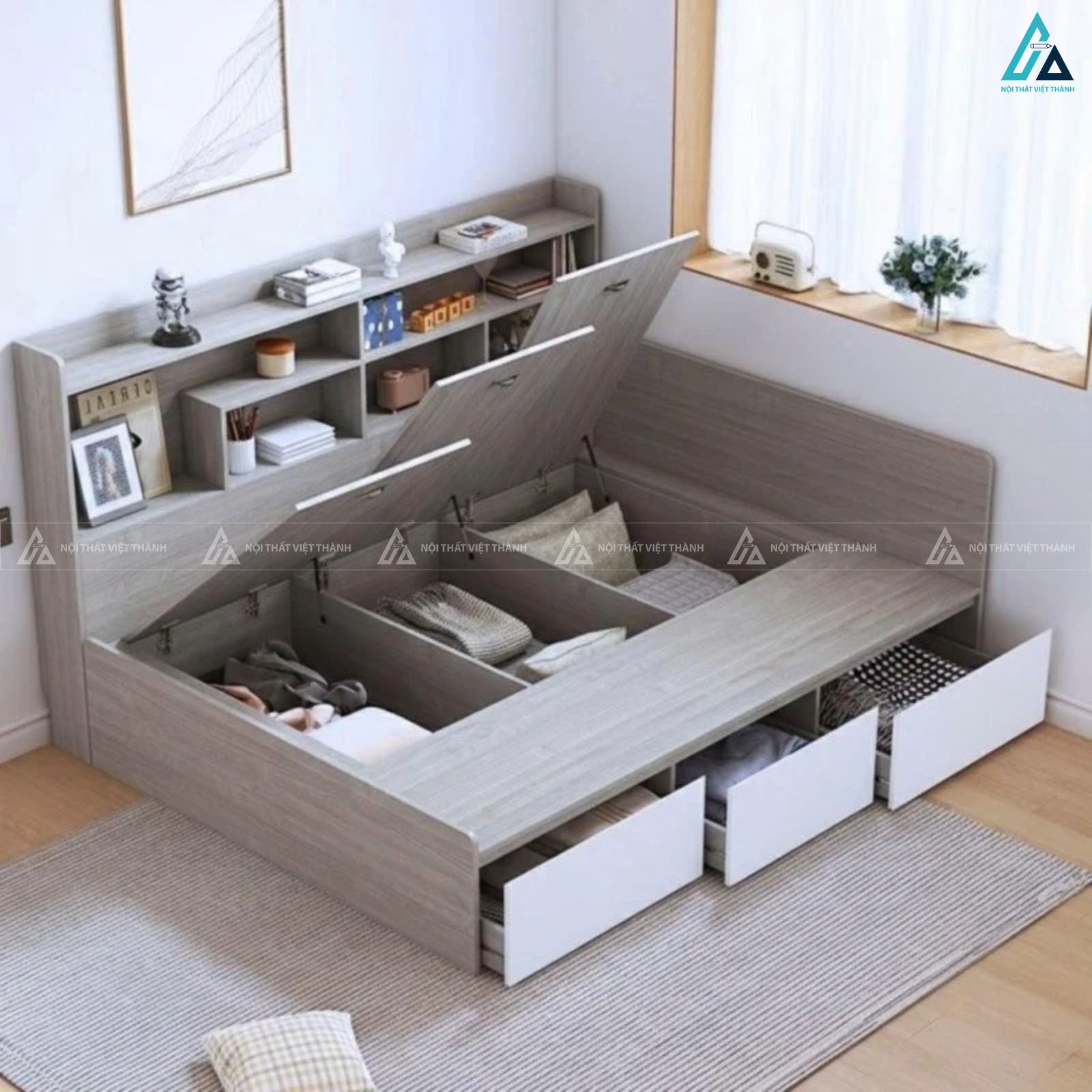 Giường ngủ gỗ công nghiệp đa năng tích hợp kệ và hộc chứa đồ thông minh 4