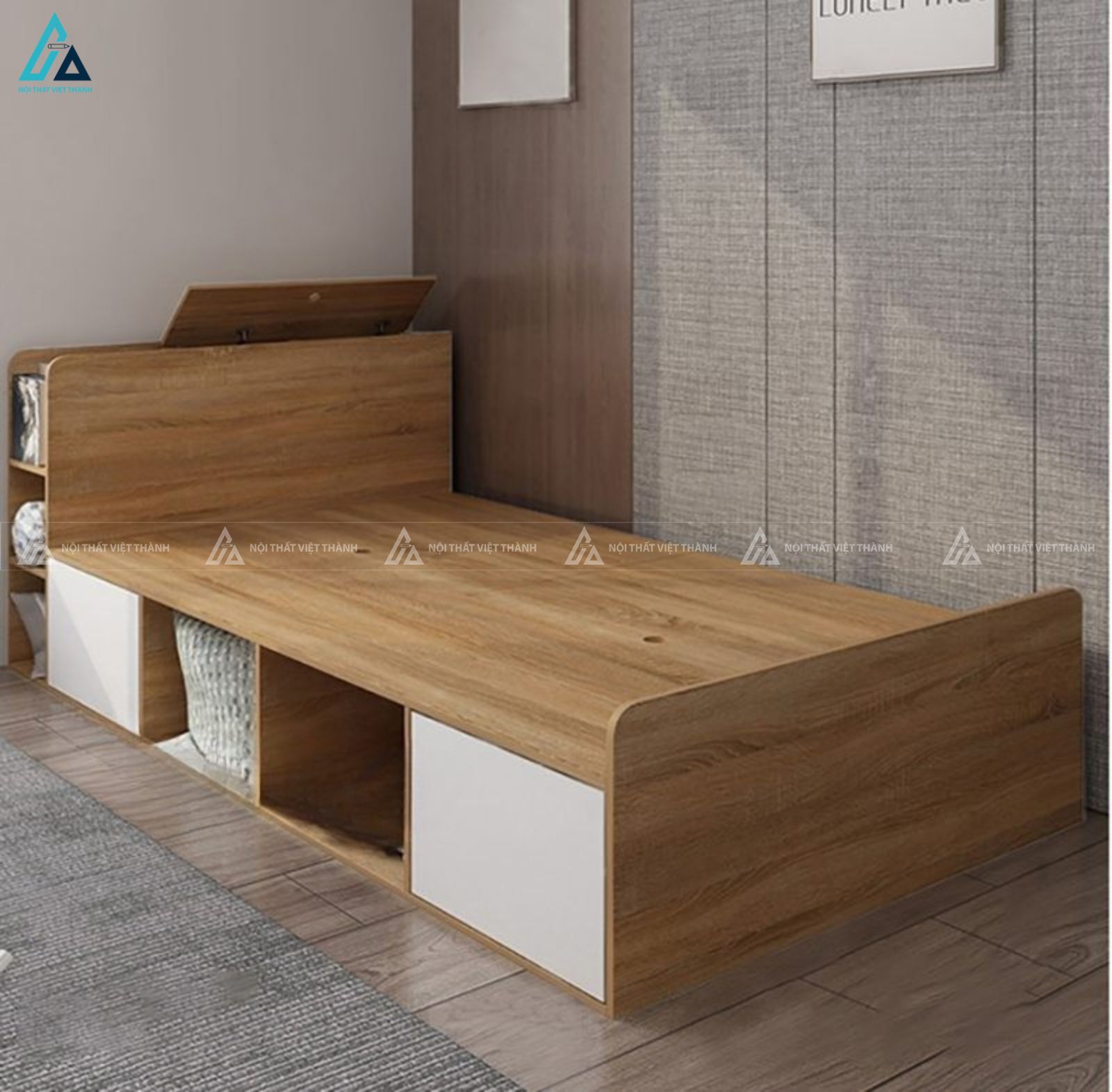 Giường gỗ công nghiệp đơn tích hợp kệ sách và hộc tủ thông minh 3