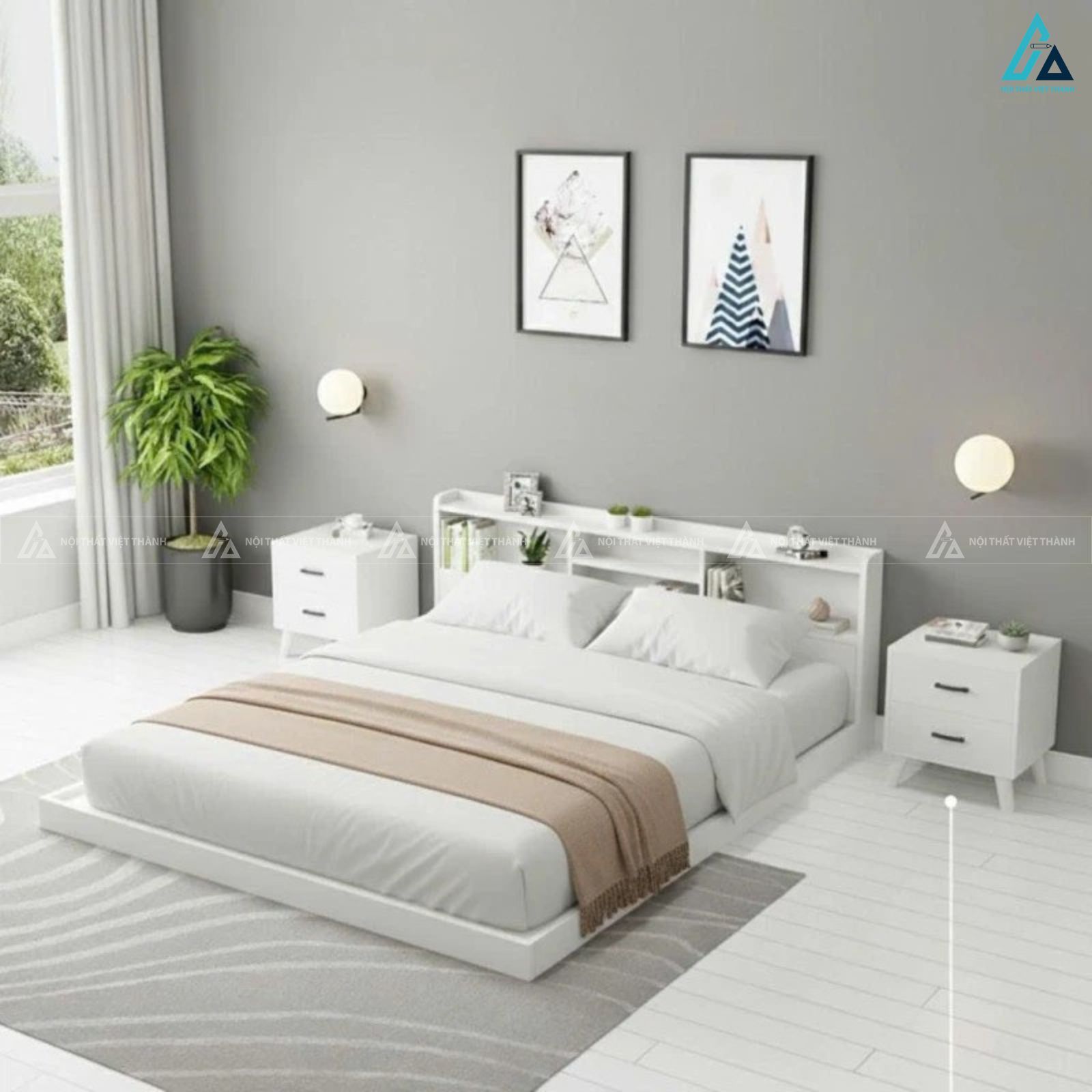 Giường gỗ công nghiệp thiết kế đa năng kèm kệ để đồ thông minh 1