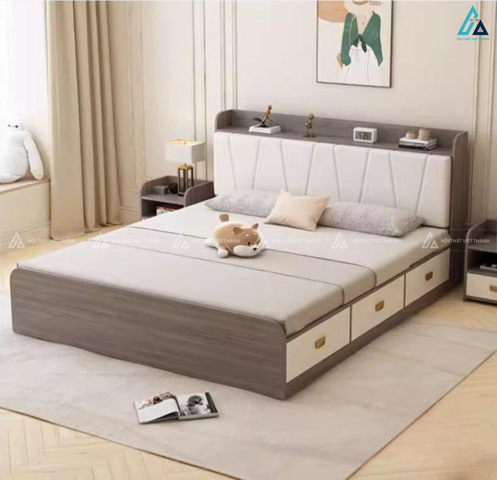 Giường gỗ công nghiệp đầu giường bọc nệm kết hợp kệ để đồ thông minh