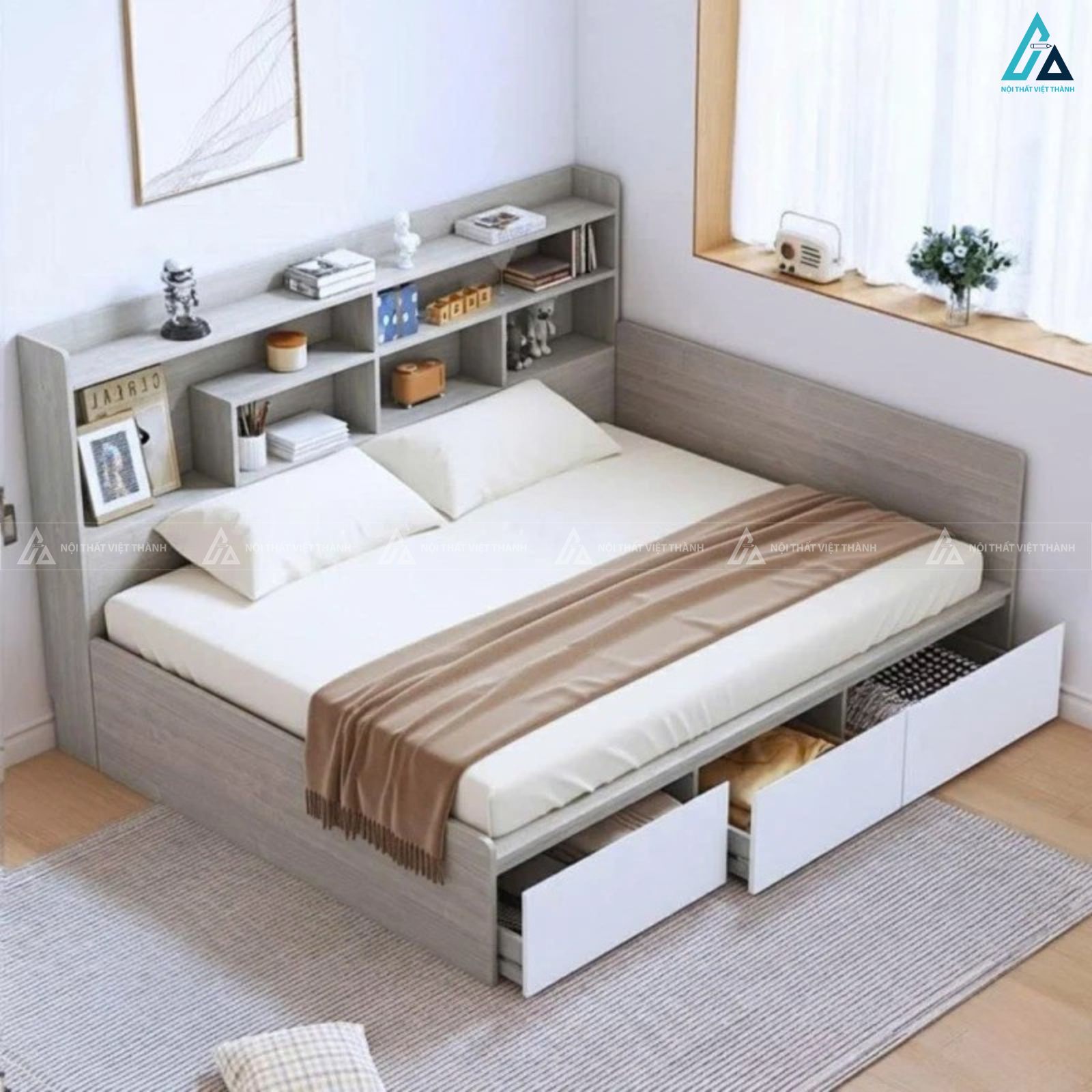 Giường ngủ gỗ công nghiệp đa năng tích hợp kệ và hộc chứa đồ thông minh 2