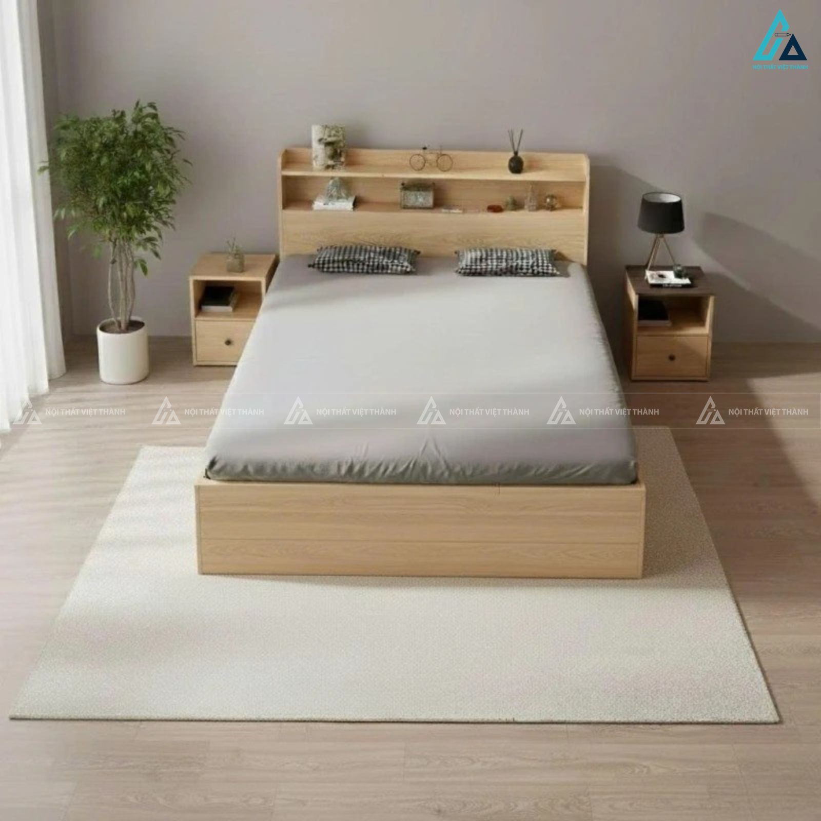 Giường ngủ gỗ công nghiệp có ngăn kéo và kệ đầu giường đa năng 1