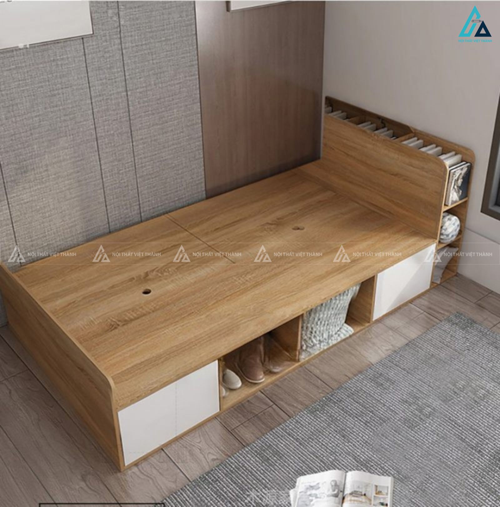 Giường gỗ công nghiệp đơn tích hợp kệ sách và hộc tủ thông minh 4