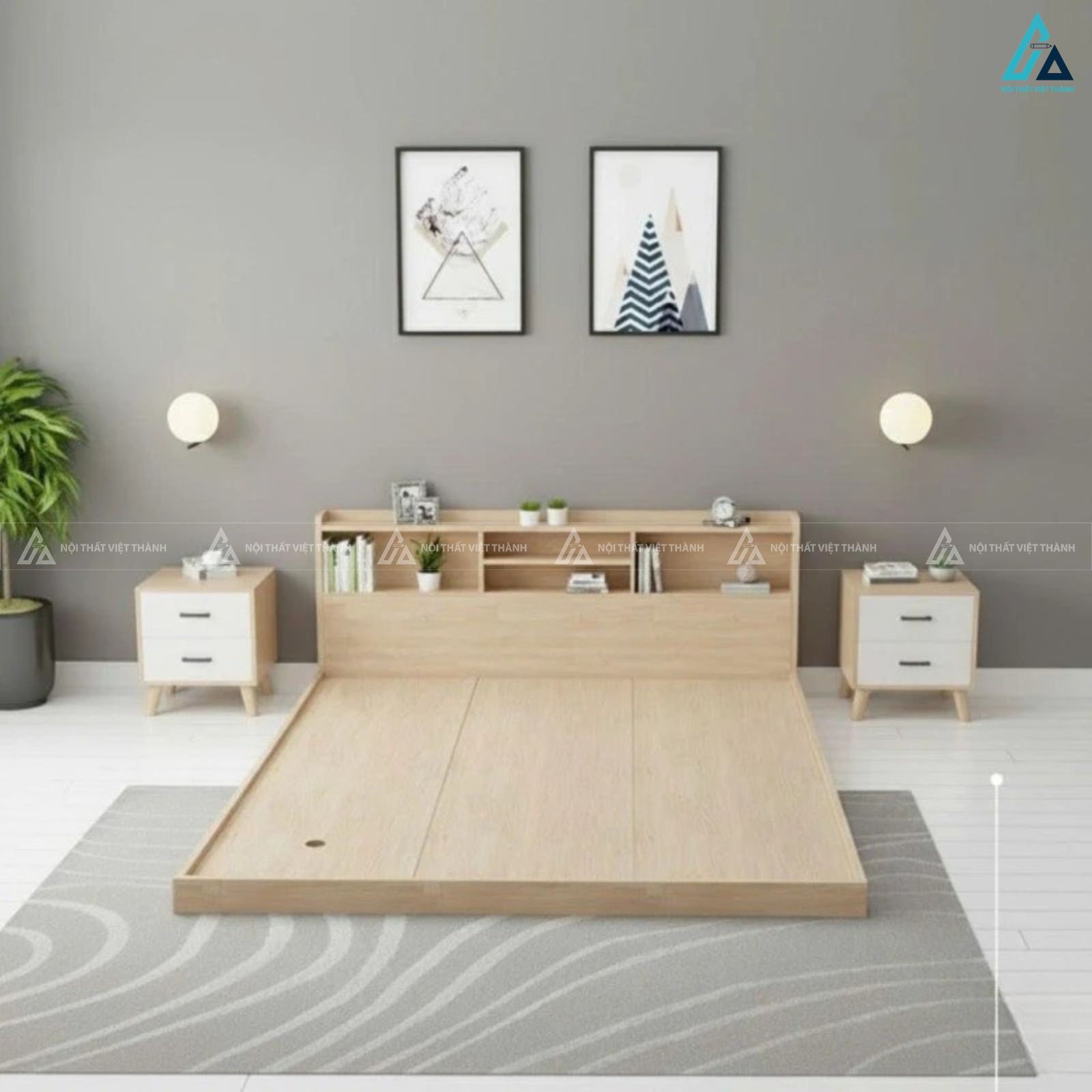 Giường gỗ công nghiệp thiết kế đa năng kèm kệ để đồ thông minh 4