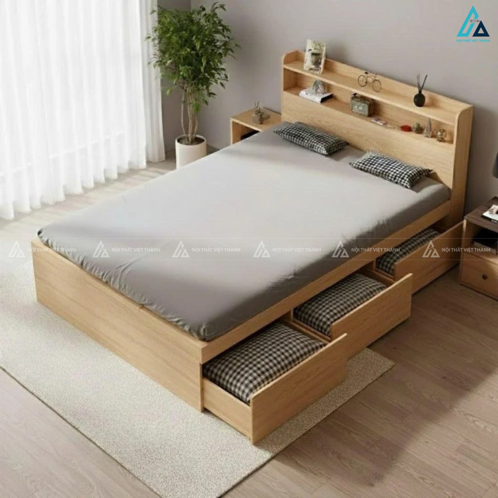 Giường ngủ gỗ công nghiệp có ngăn kéo và kệ đầu giường đa năng
