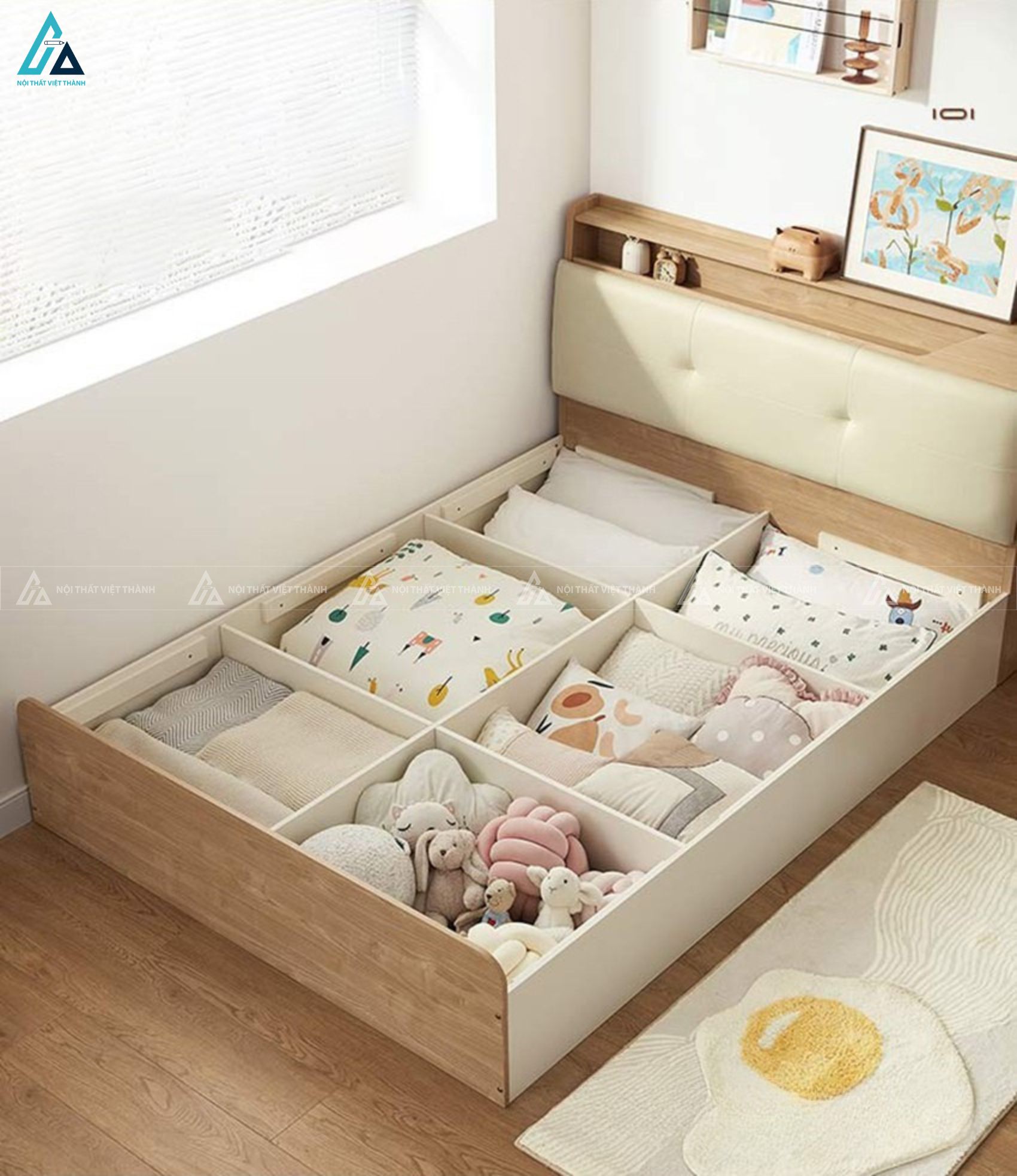 Giường gỗ công nghiệp đa năng tích hợp kệ sách và ngăn chứa đồ 4