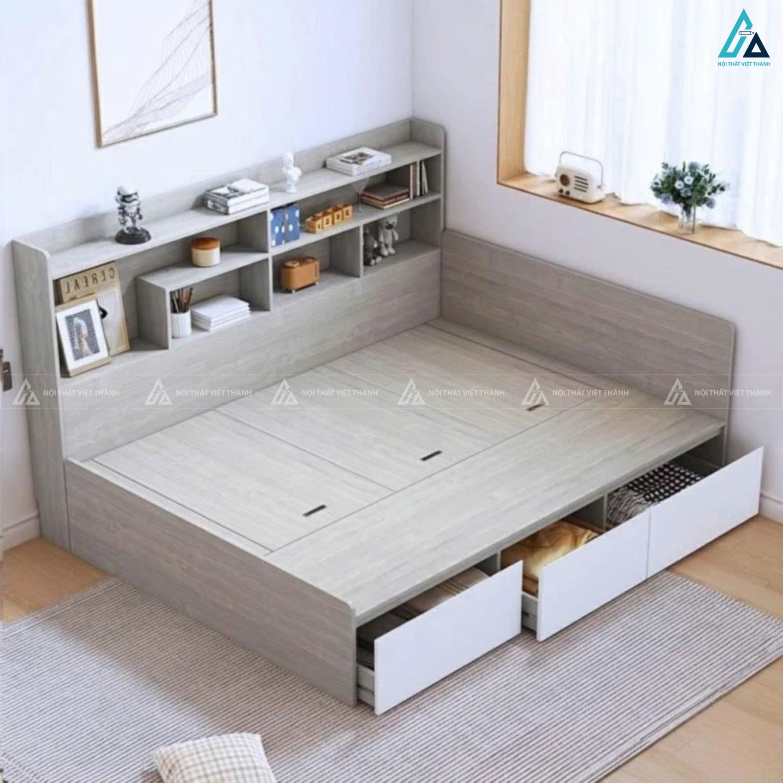 Giường ngủ gỗ công nghiệp đa năng tích hợp kệ và hộc chứa đồ thông minh 3