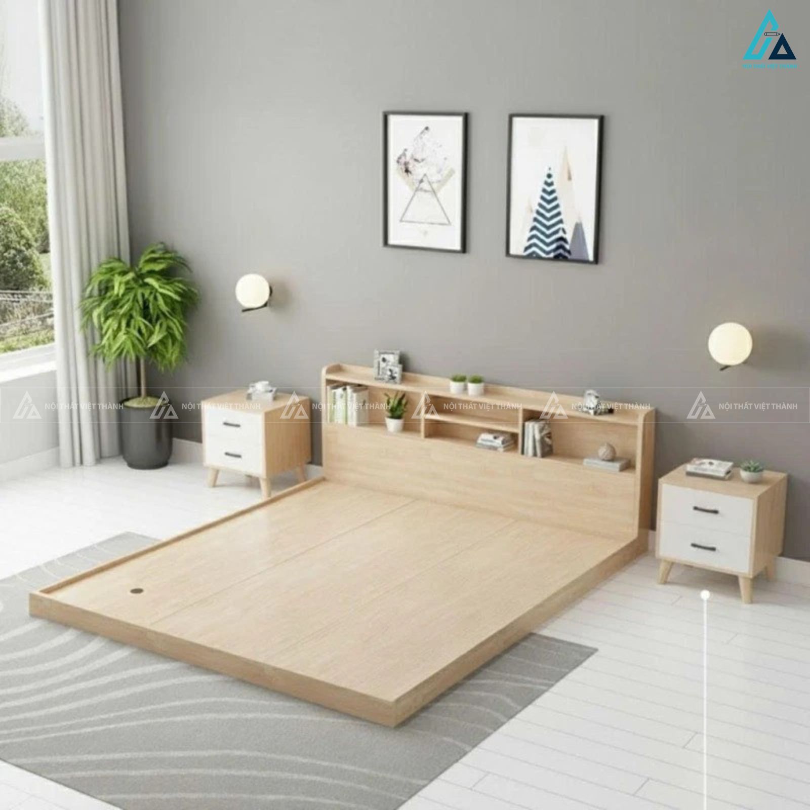 Giường gỗ công nghiệp thiết kế đa năng kèm kệ để đồ thông minh