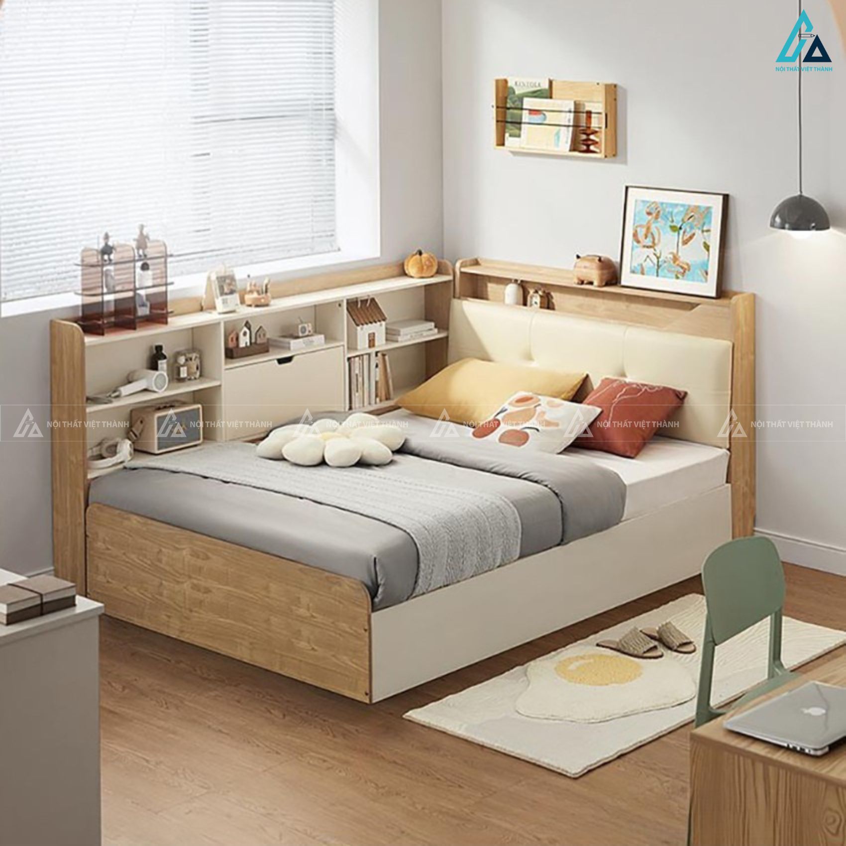 Giường gỗ công nghiệp đa năng tích hợp kệ sách và ngăn chứa đồ