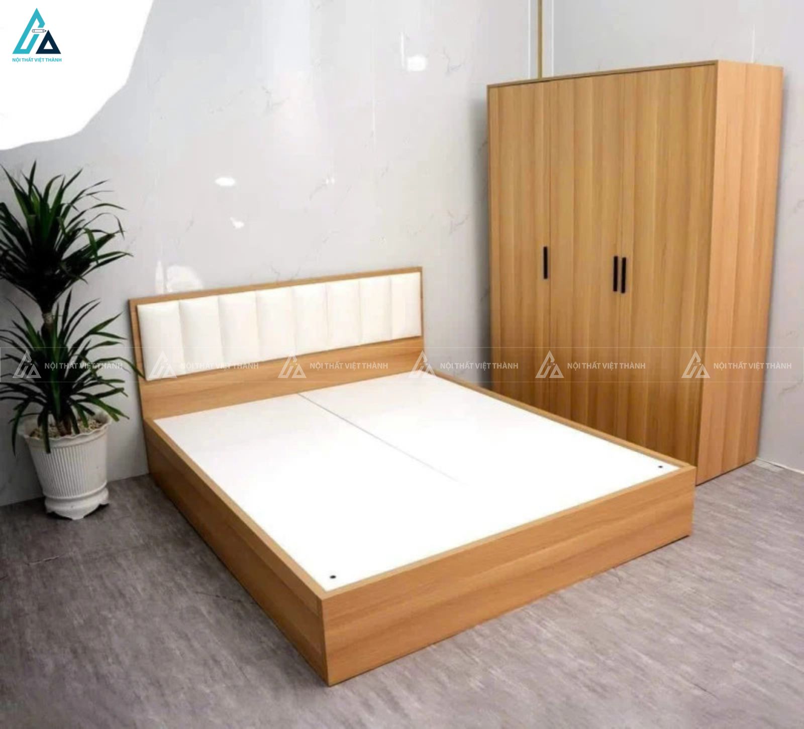 Giường gỗ công nghiệp bọc nệm đầu giường tối giản tiện nghi