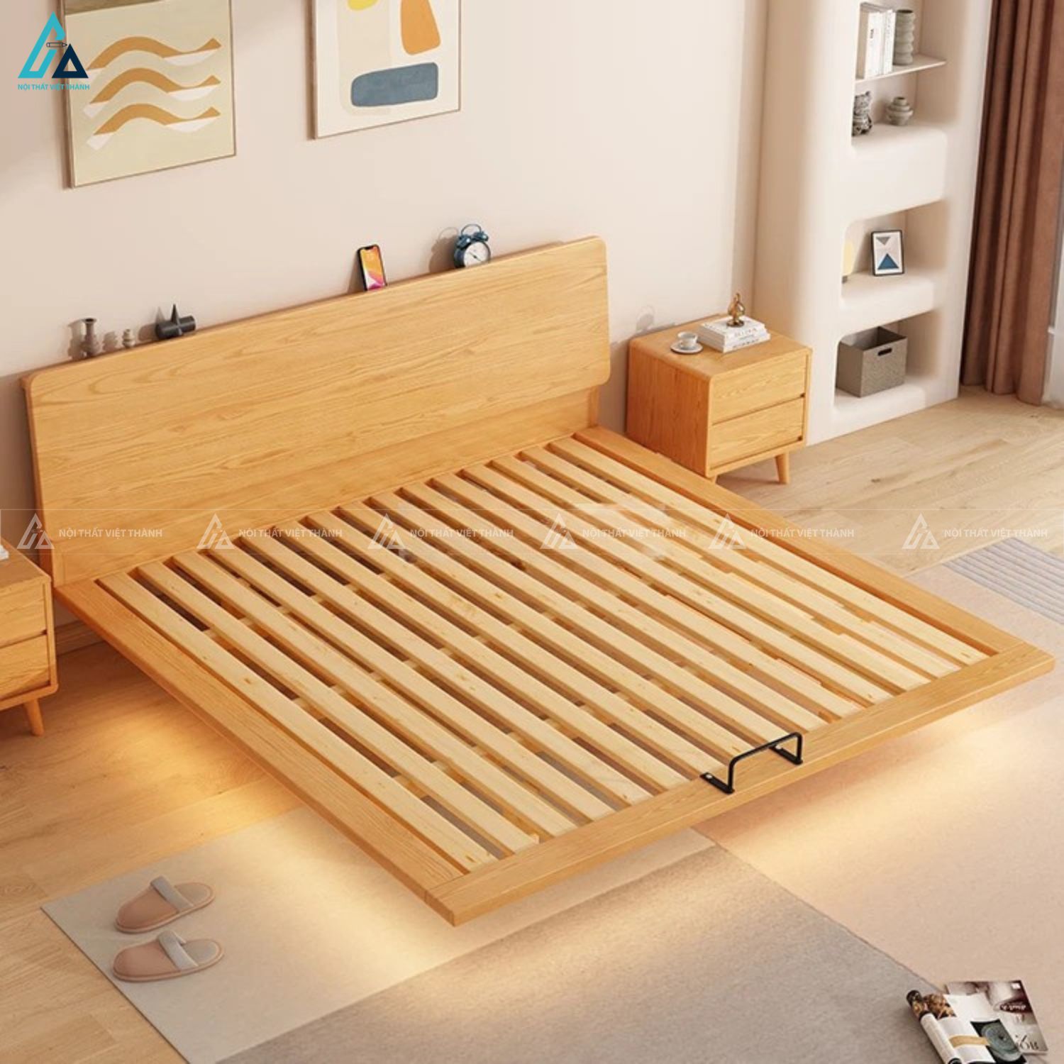 Giường ngủ gỗ tự nhiên thiết kế bay có đèn led sang trọng 3