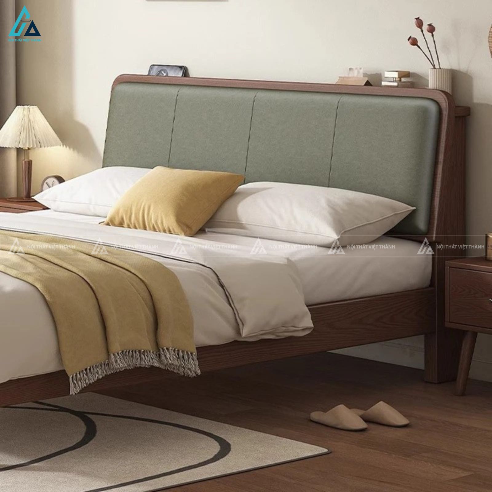 Giường ngủ gỗ tự nhiên kết hợp bọc da đầu giường nghệ thuật độc đáo 1