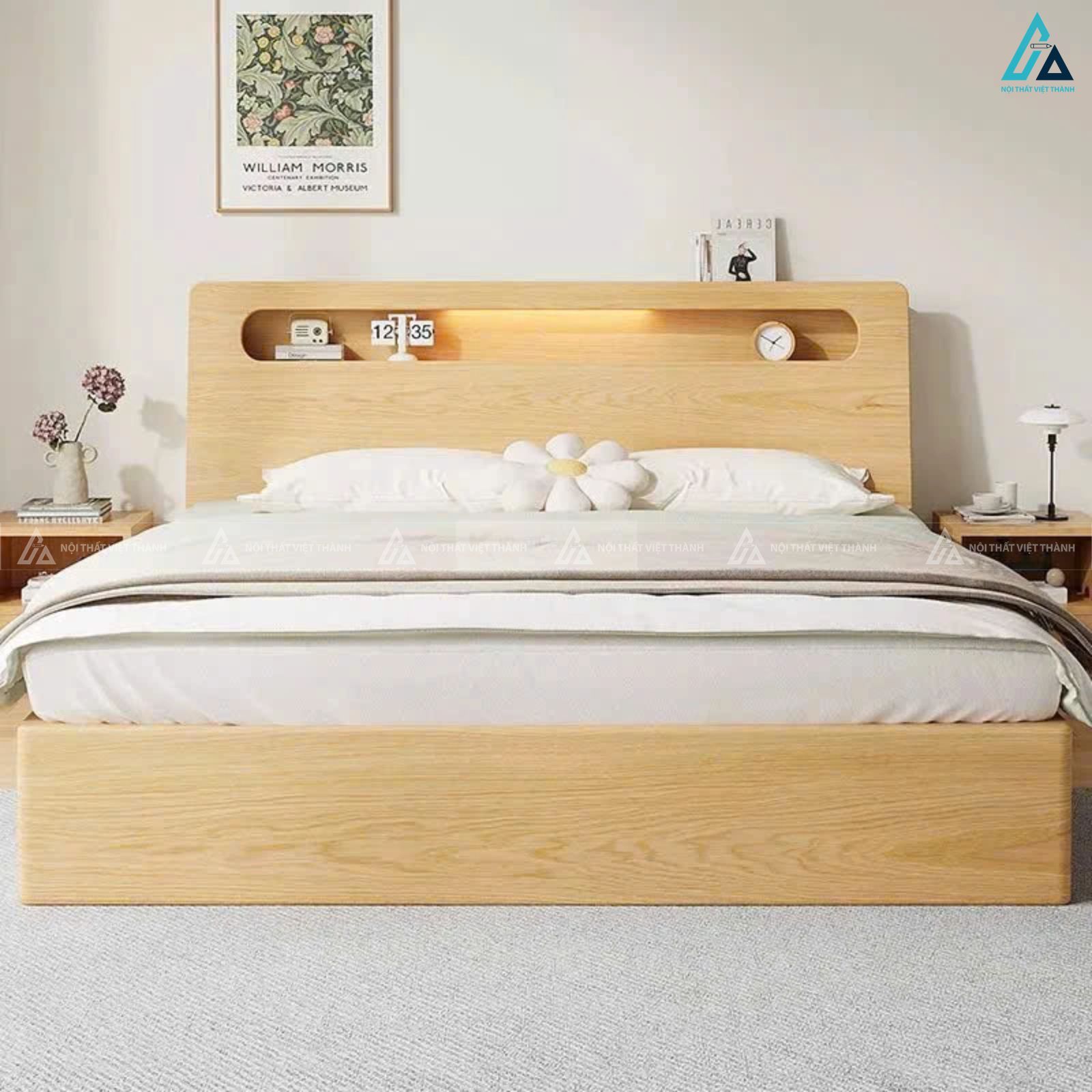 Giường ngủ gỗ tự nhiên tối giản với không gian lưu trữ đầu giường