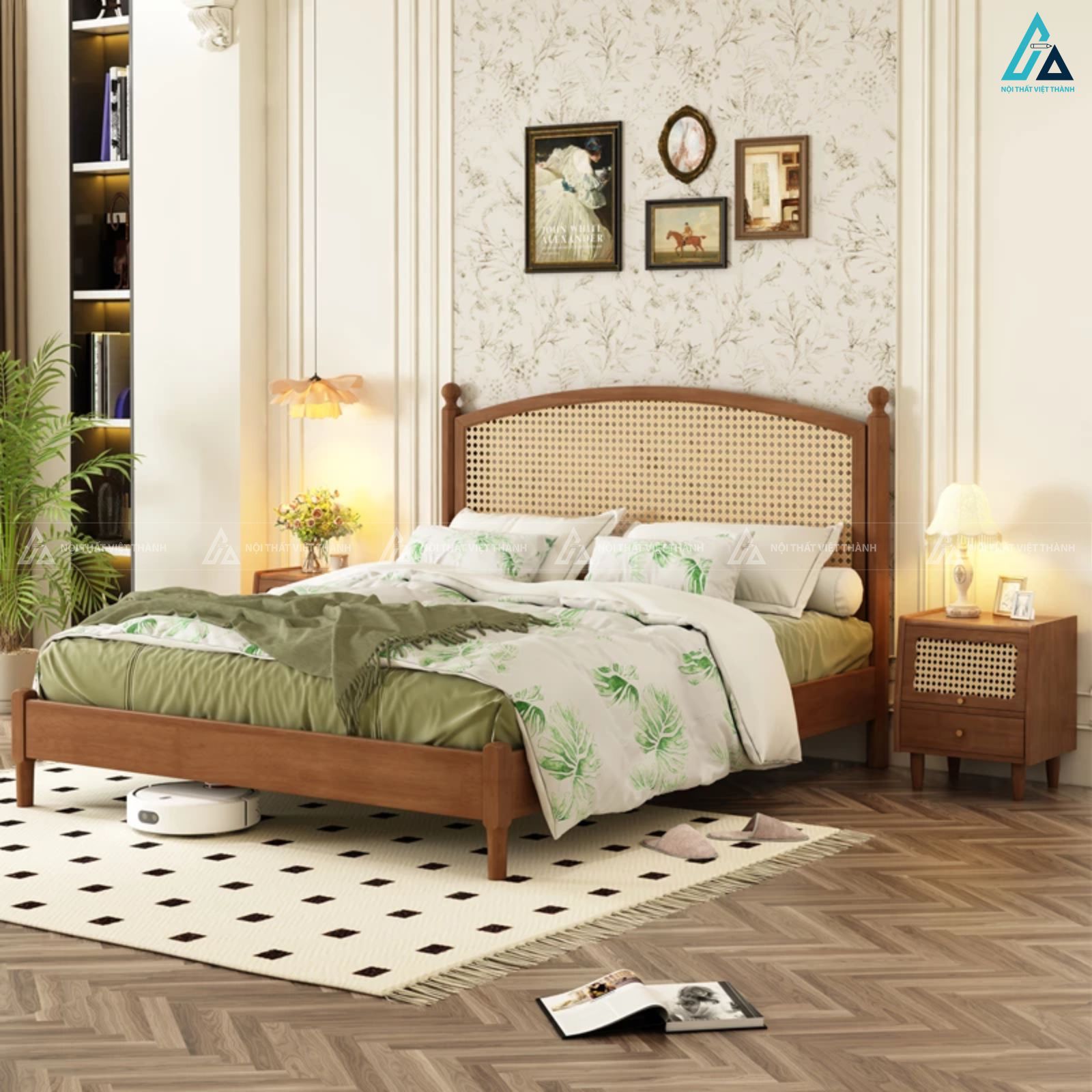 Giường ngủ gỗ tự nhiên kết hợp mây tre đan phong cách Indochine 2