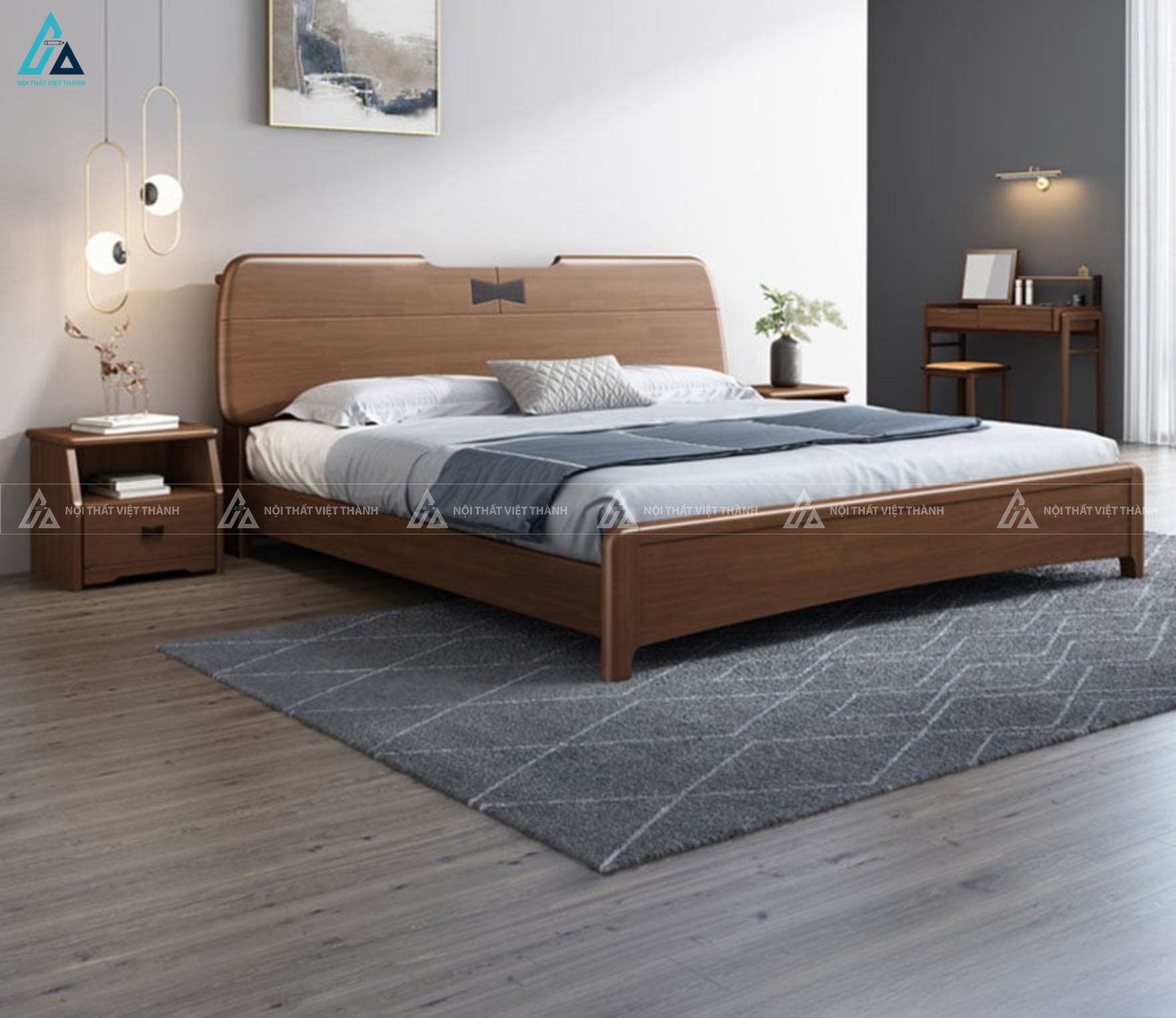 Mẫu giường gỗ tự nhiên thiết kế bo góc thanh lịch cho phòng ngủ 1