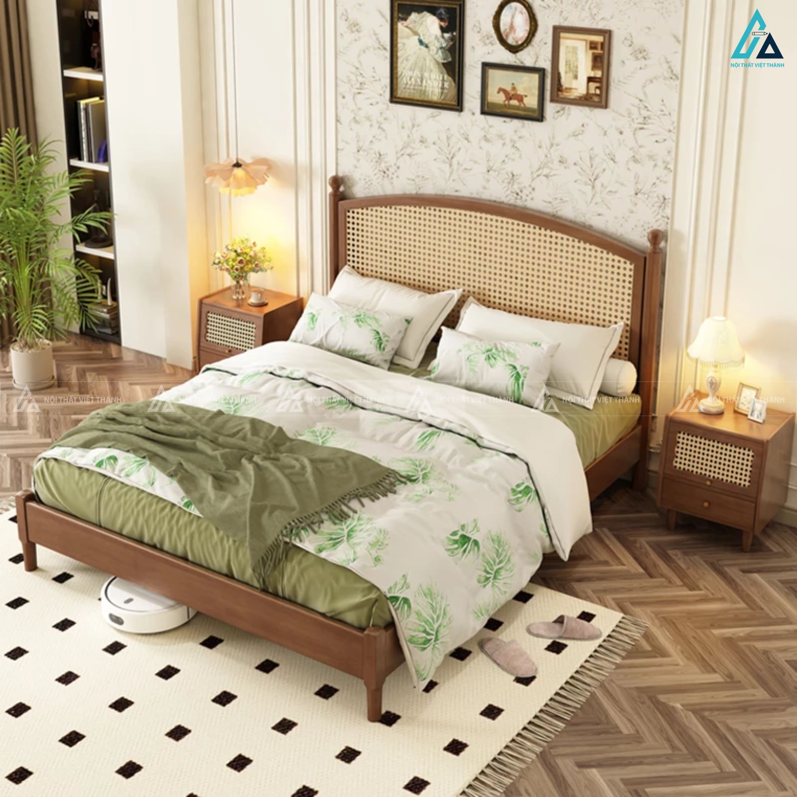 Giường ngủ gỗ tự nhiên kết hợp mây tre đan phong cách Indochine 1