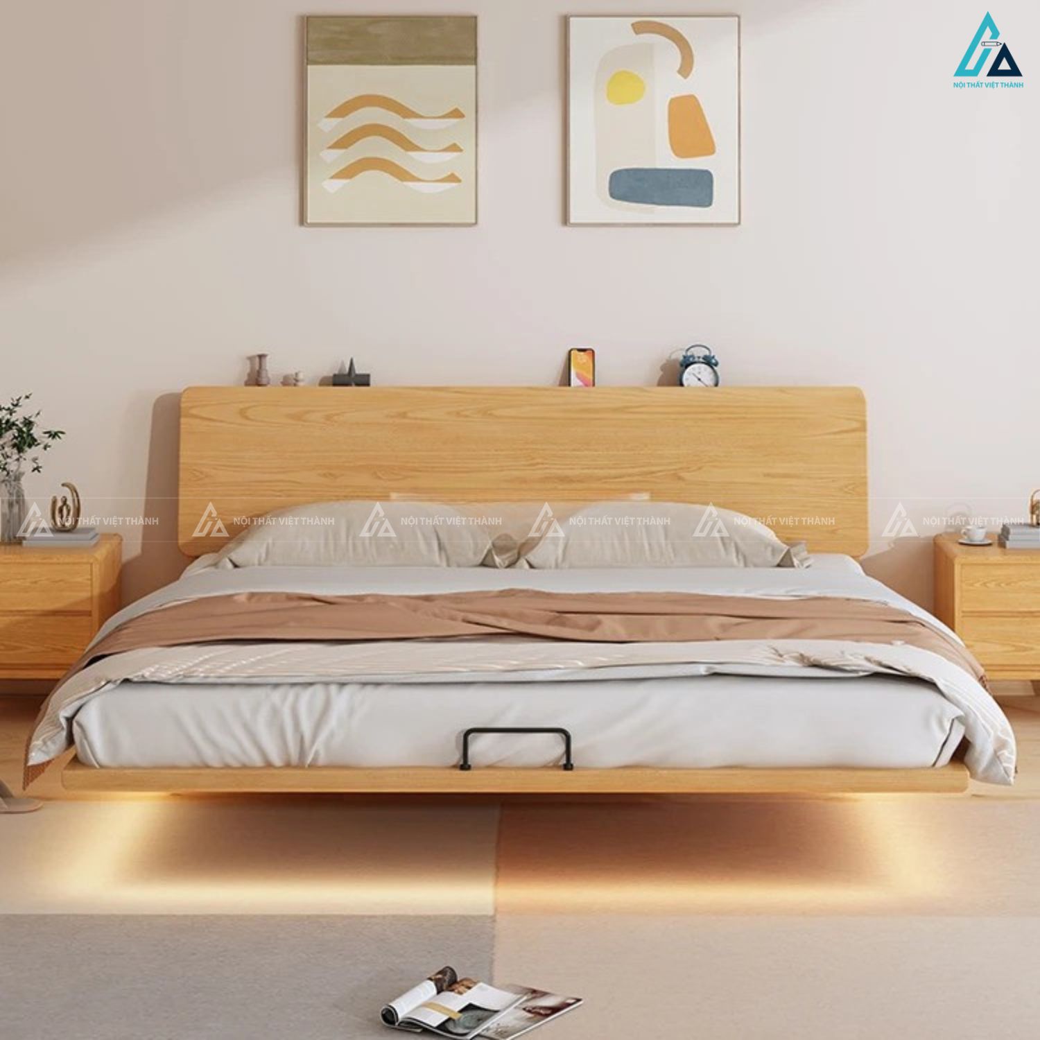 Giường ngủ gỗ tự nhiên thiết kế bay có đèn led sang trọng