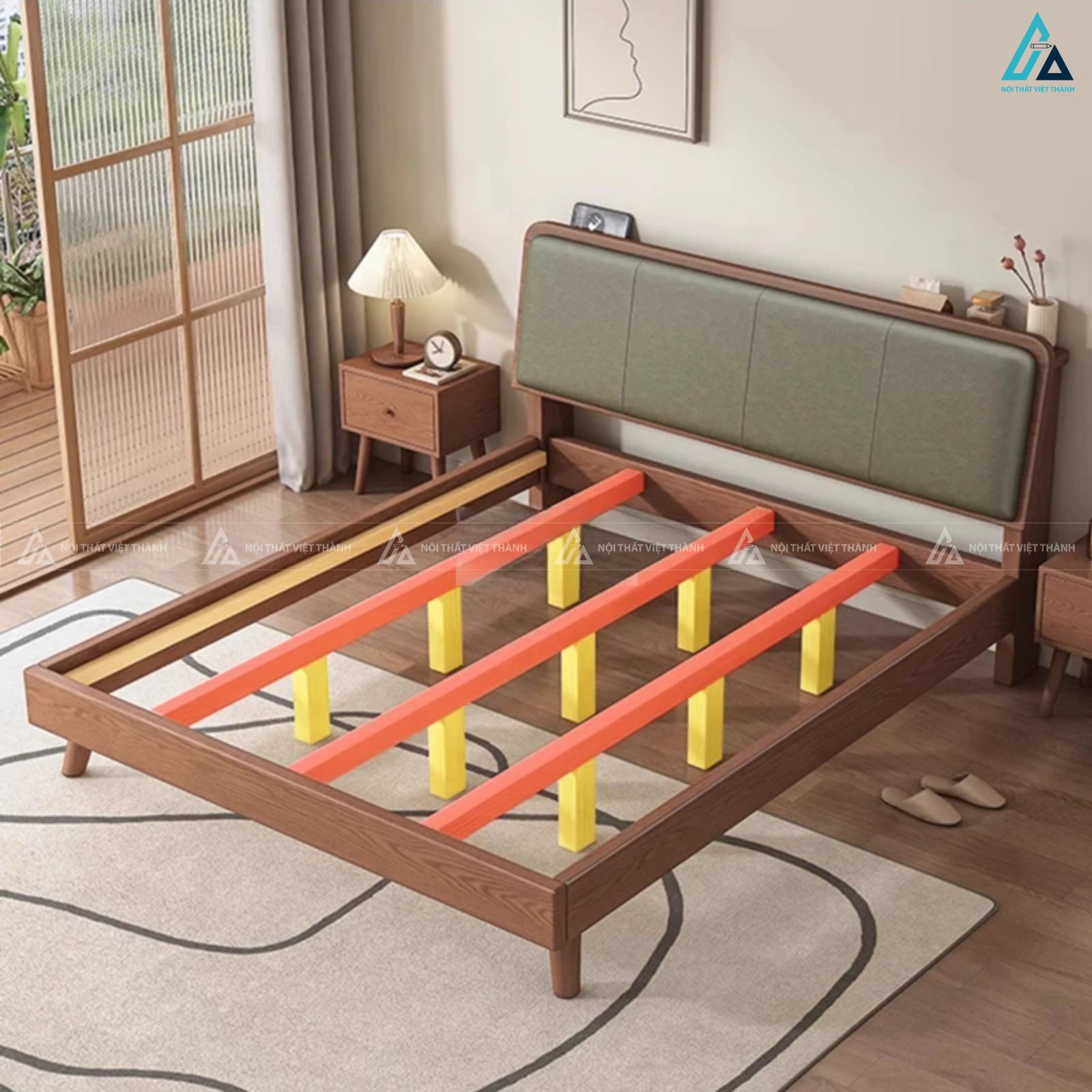 Giường ngủ gỗ tự nhiên kết hợp bọc da đầu giường nghệ thuật độc đáo 3