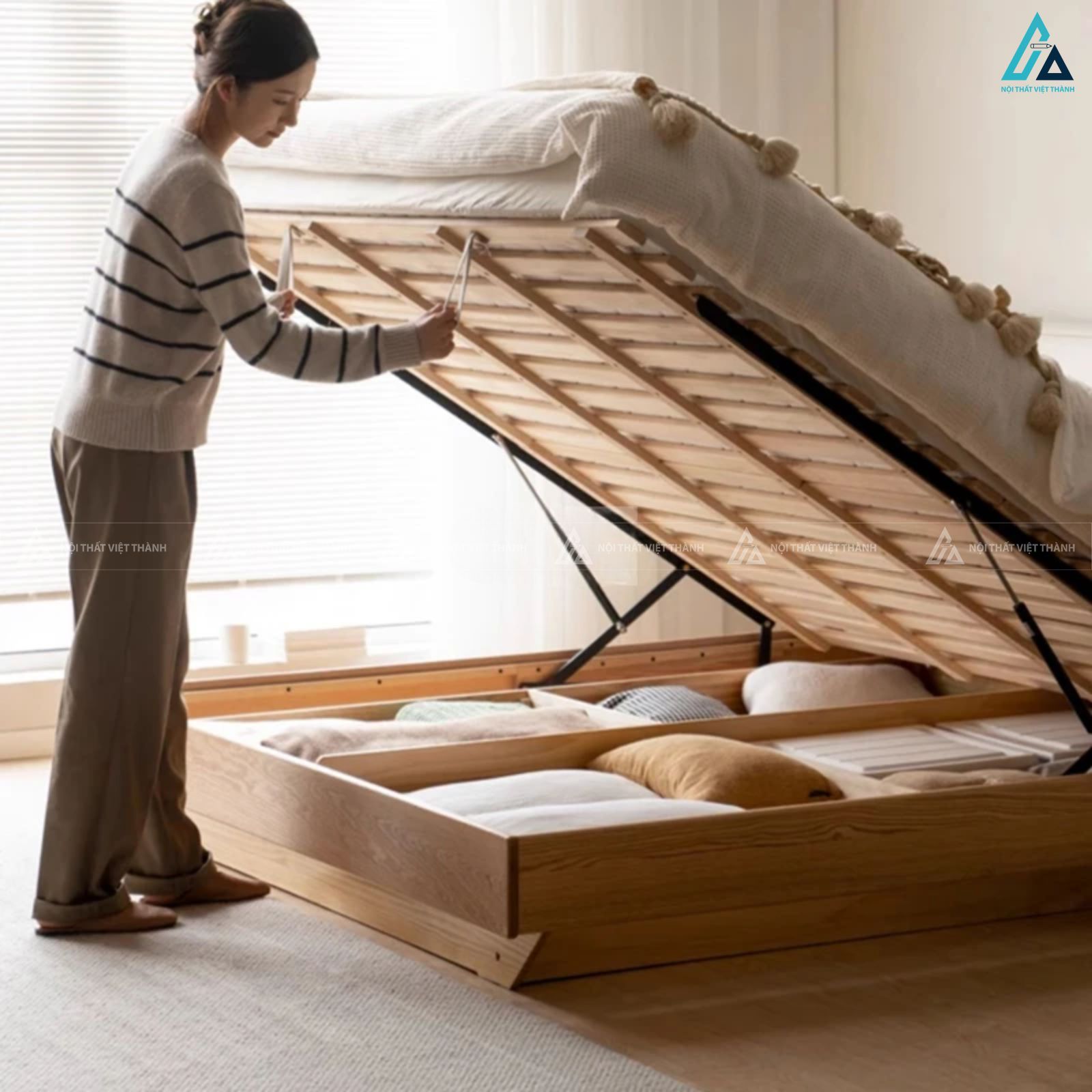 Giường ngủ gỗ tự nhiên đầu bọc nệm phong cách Bắc Âu thanh lịch 4