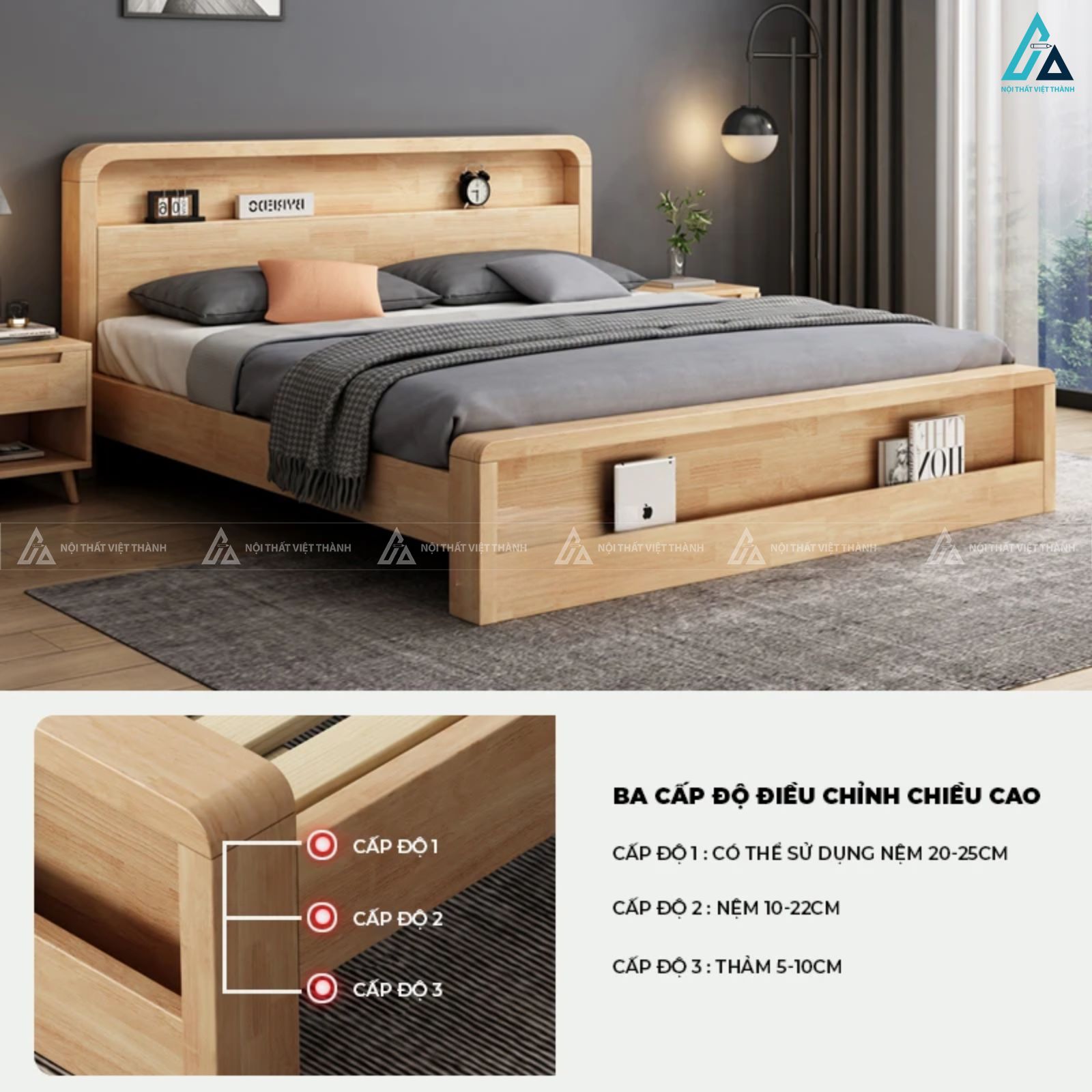 Mẫu giường gỗ tự nhiên đa năng tích hợp kệ đầu và đuôi giường 2