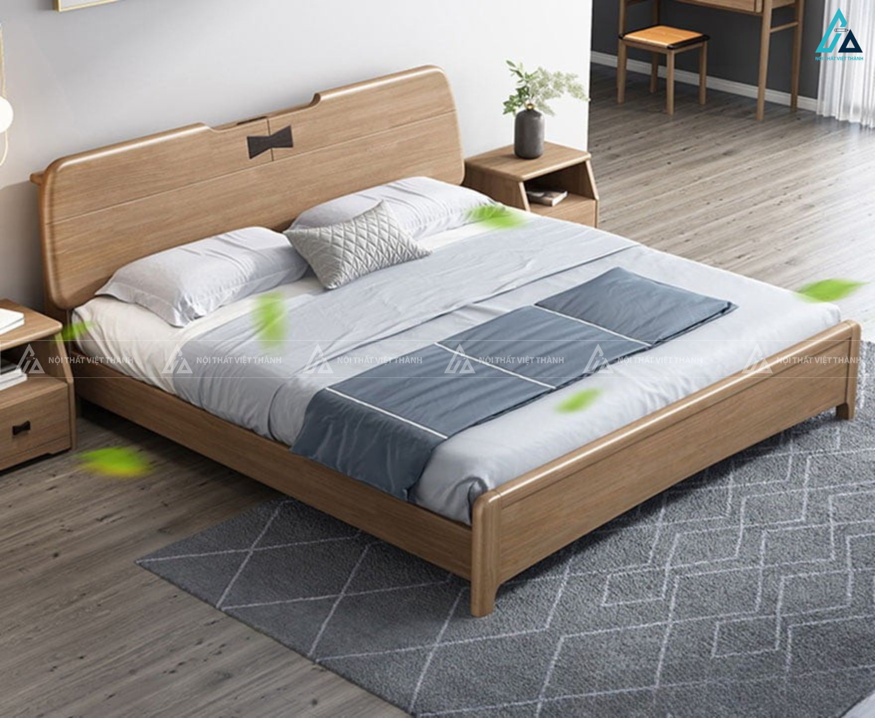 Mẫu giường gỗ tự nhiên thiết kế bo góc thanh lịch cho phòng ngủ