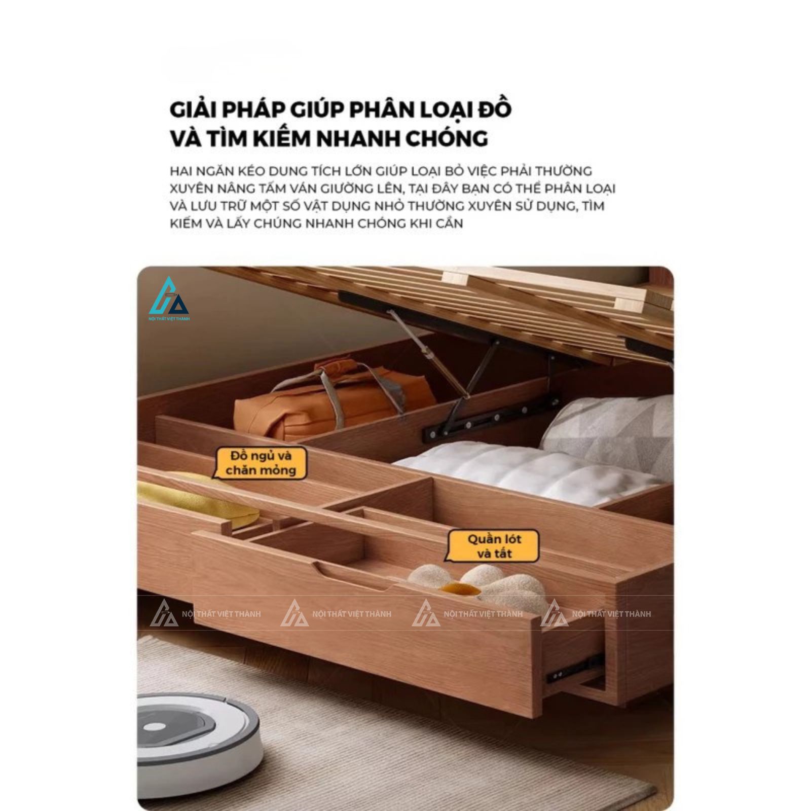 Giường ngủ gỗ tự nhiên bọc nệm đầu giường có ngăn kéo đa năng 2