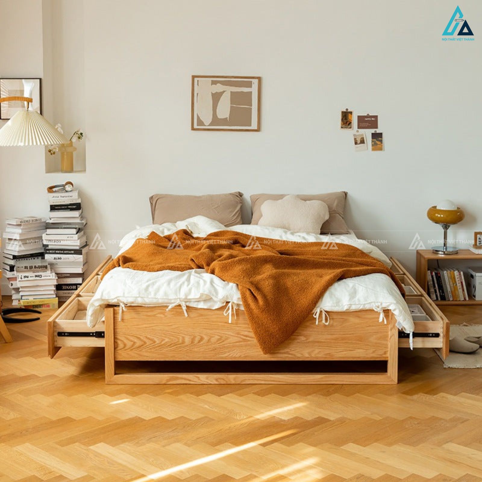 Giường ngủ gỗ tự nhiên tối giản tích hợp ngăn kéo chứa đồ tiện nghi