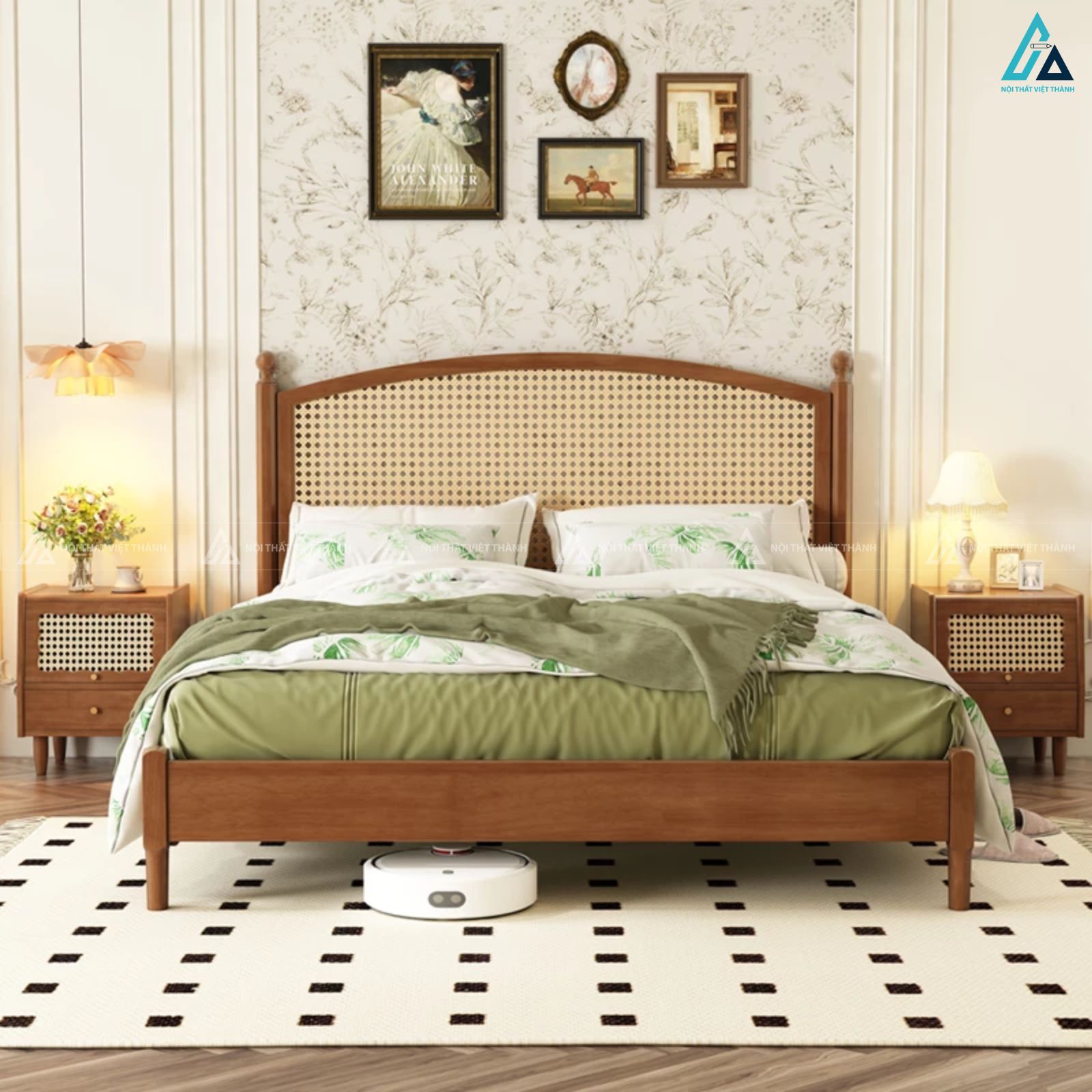 Giường ngủ gỗ tự nhiên kết hợp mây tre đan phong cách Indochine