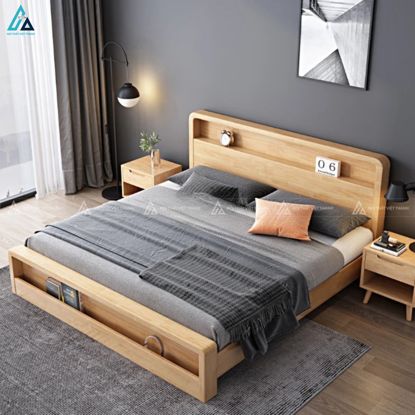 Mẫu giường gỗ tự nhiên đa năng tích hợp kệ đầu và đuôi giường