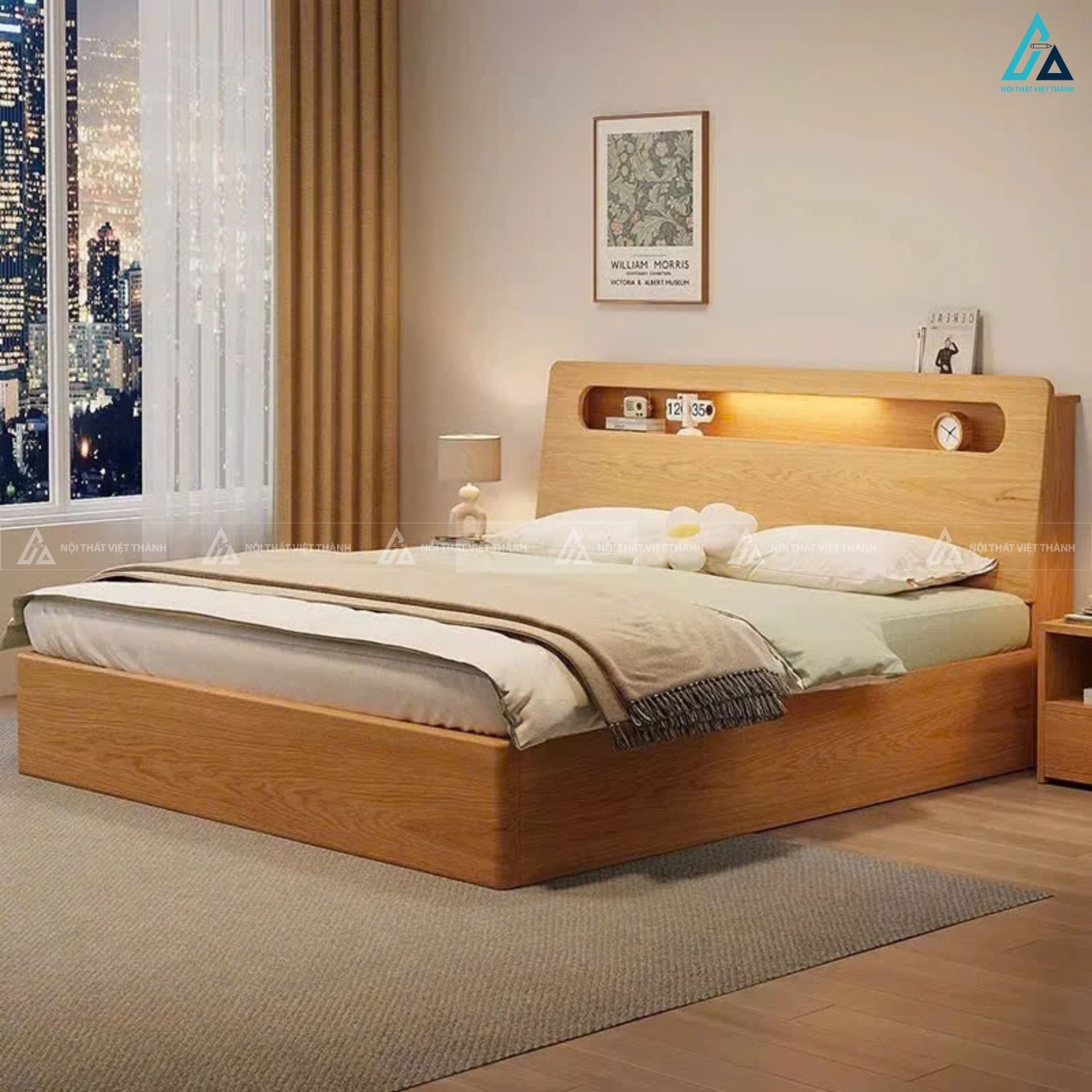 Giường ngủ gỗ tự nhiên tối giản với không gian lưu trữ đầu giường 1