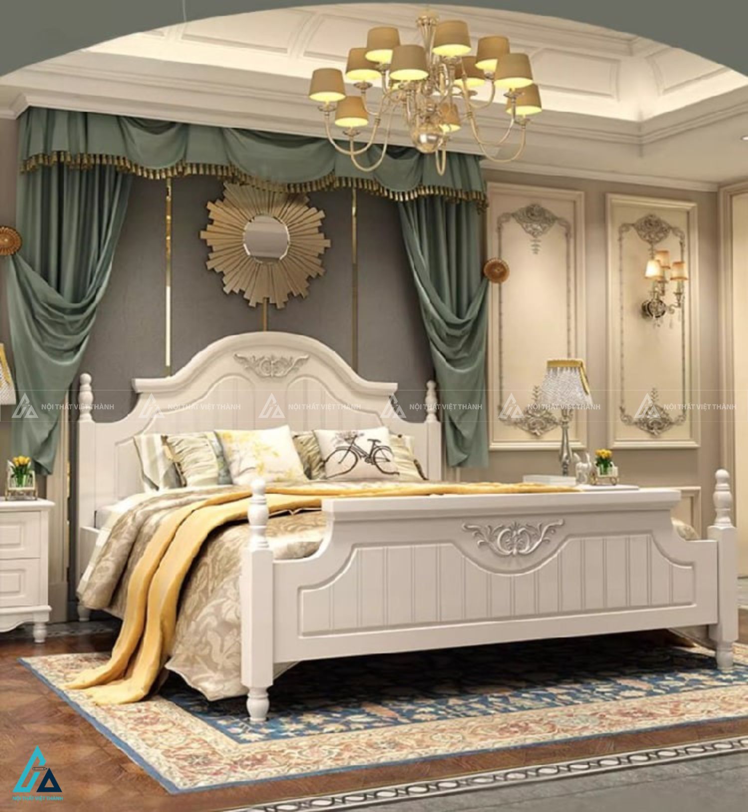 Giường ngủ gỗ tự nhiên phong cách tân cổ điển màu trắng thanh lịch 1