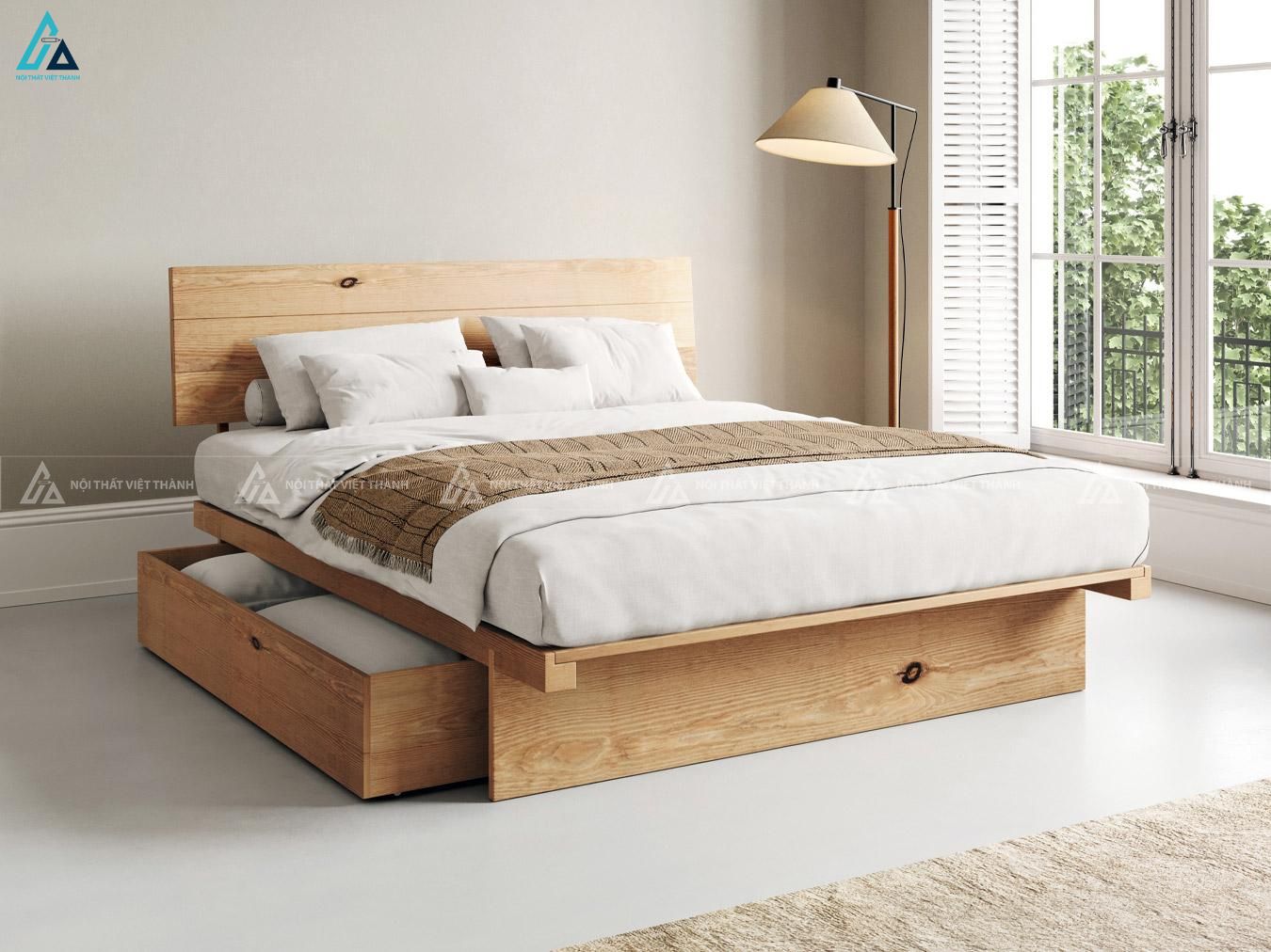 Giường gỗ tự nhiên phong cách Nhật Bản tối giản đẹp và bền bỉ 2
