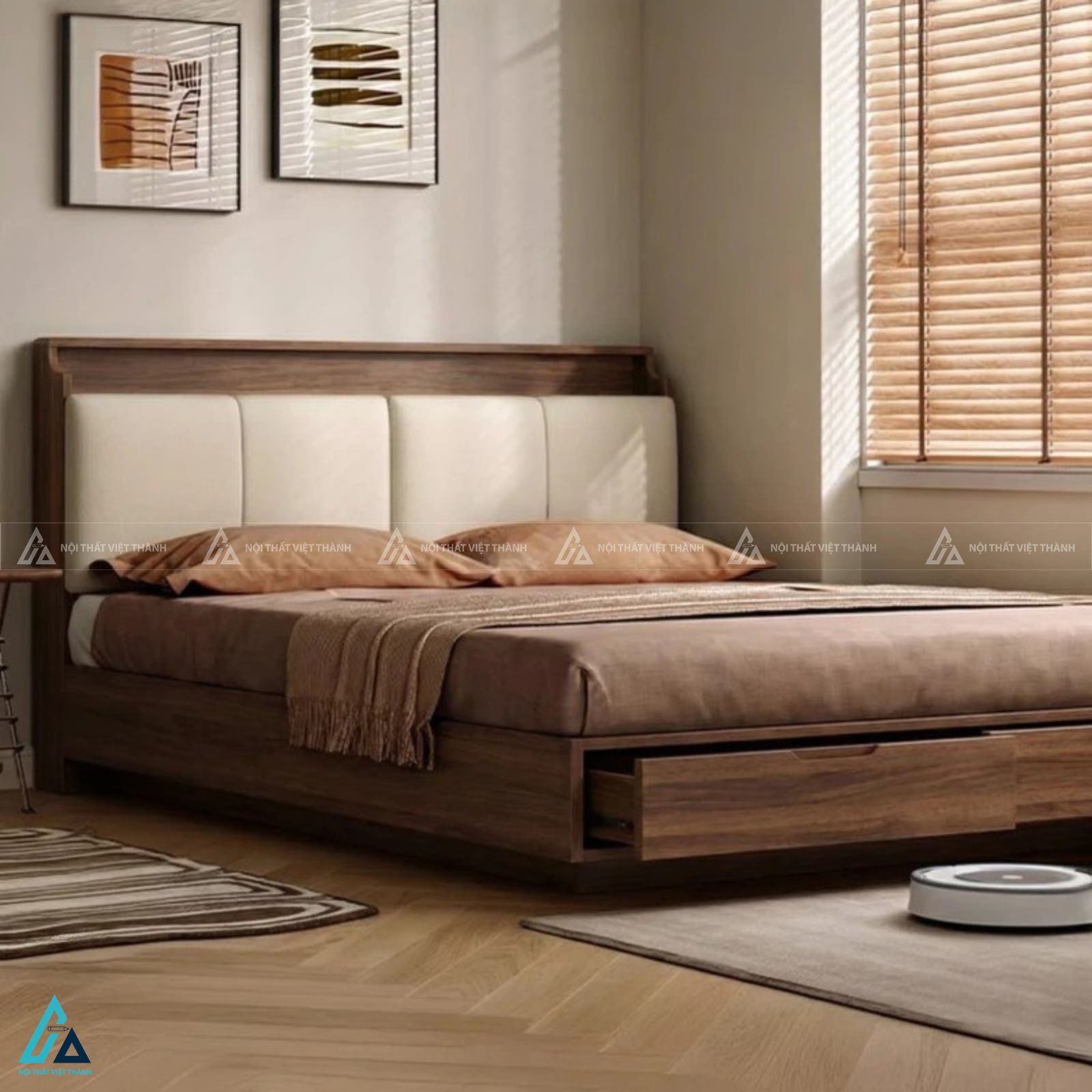 Giường ngủ gỗ tự nhiên bọc nệm đầu giường có ngăn kéo đa năng 1