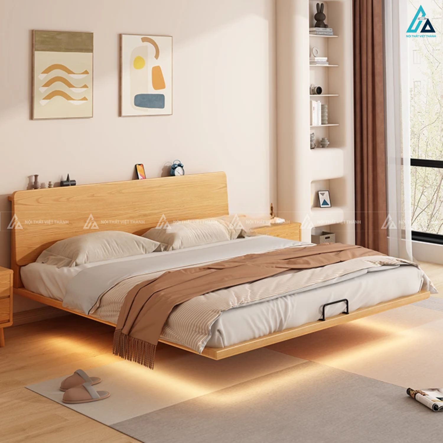 Giường ngủ gỗ tự nhiên thiết kế bay có đèn led sang trọng 1