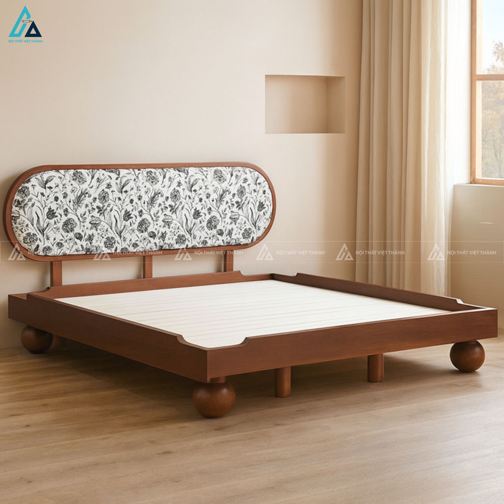Giường ngủ gỗ tự nhiên đầu giường bọc vải họa tiết nghệ thuật 3