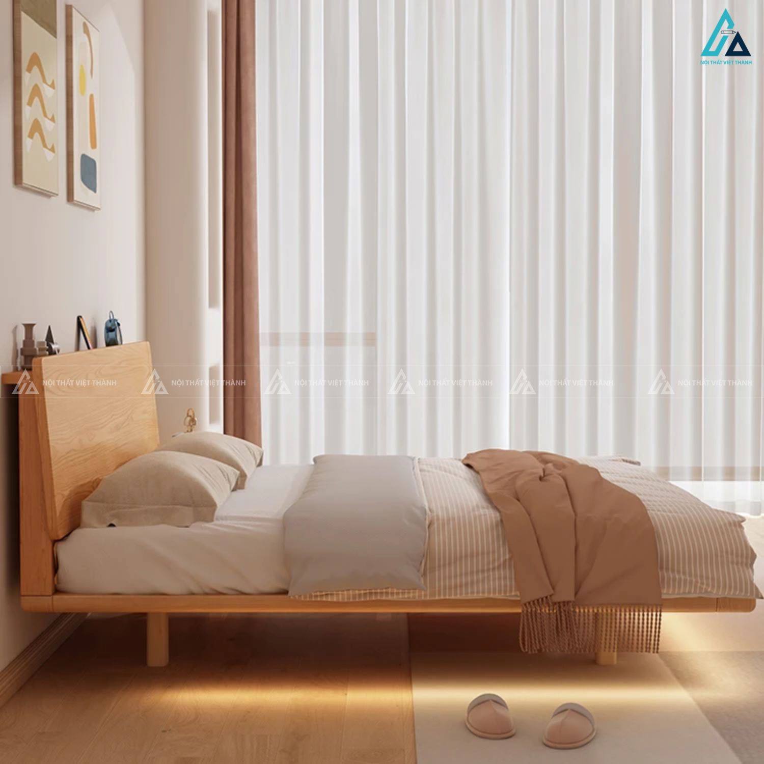 Giường ngủ gỗ tự nhiên thiết kế bay có đèn led sang trọng 2