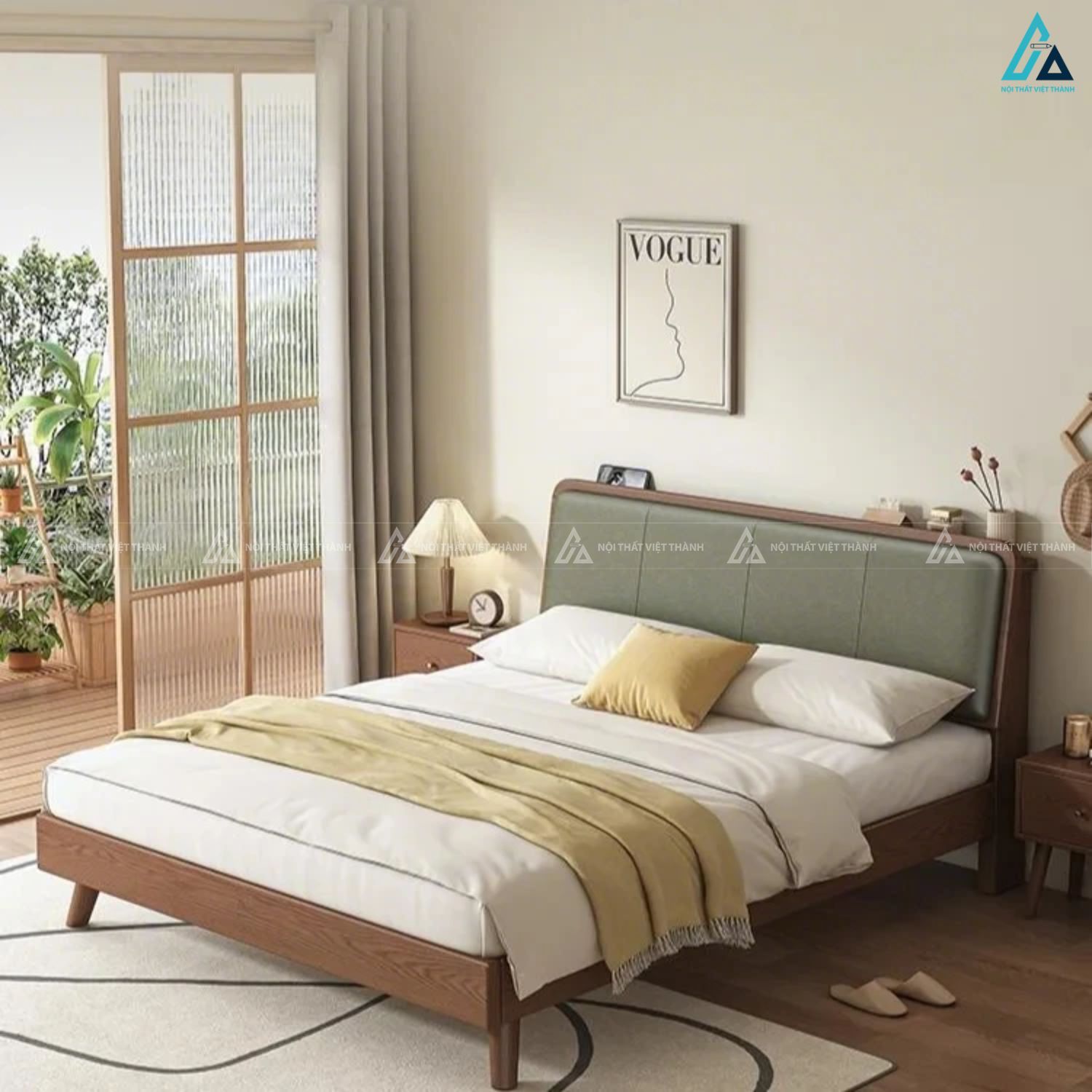 Giường ngủ gỗ tự nhiên kết hợp bọc da đầu giường nghệ thuật độc đáo