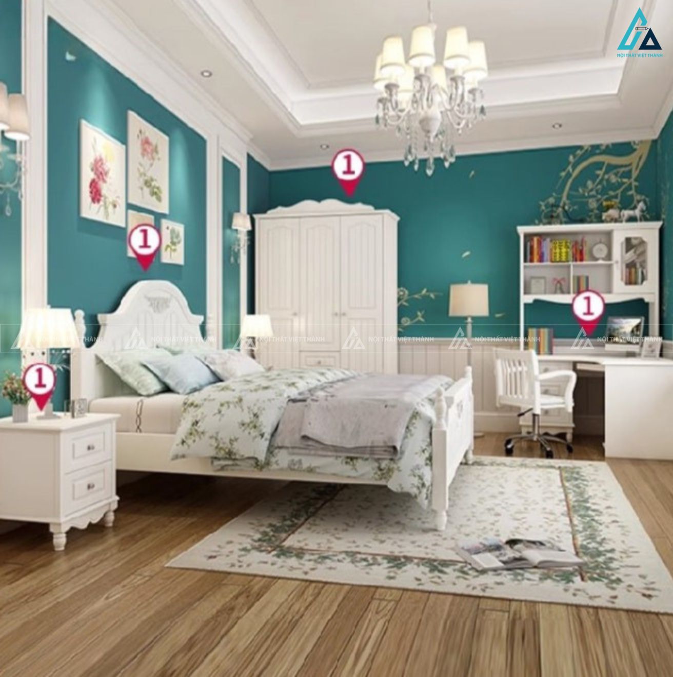 Giường ngủ gỗ tự nhiên phong cách tân cổ điển màu trắng thanh lịch 2