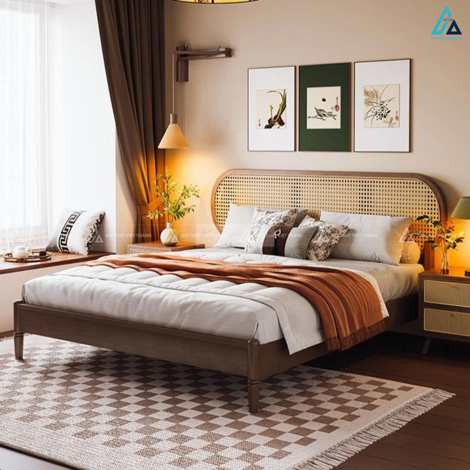 Mẫu giường gỗ tự nhiên cao cấp với đầu giường mây đan sang trọng