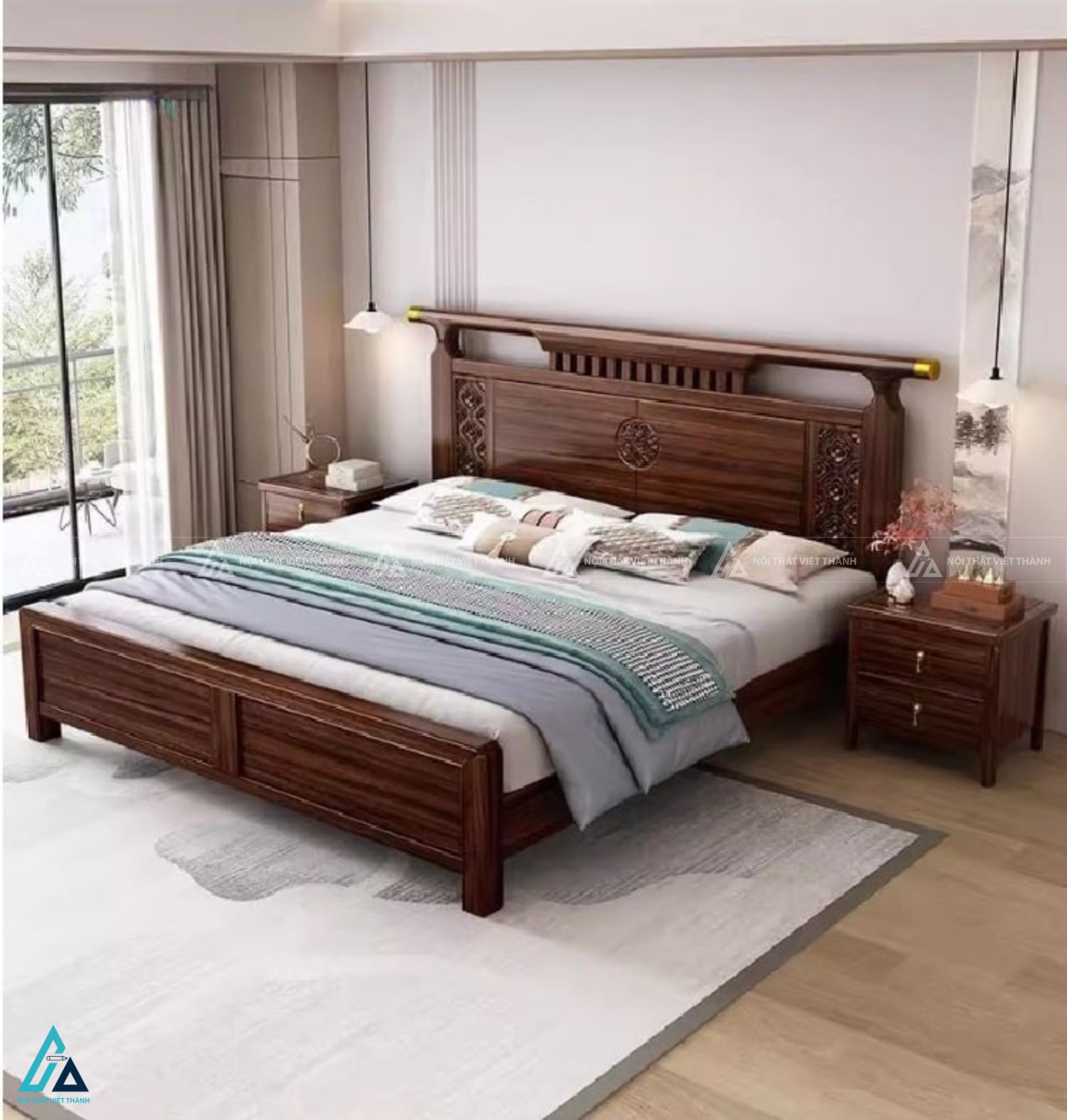 Mẫu giường gỗ tự nhiên vách chạm khắc tinh xảo cho phòng ngủ 1