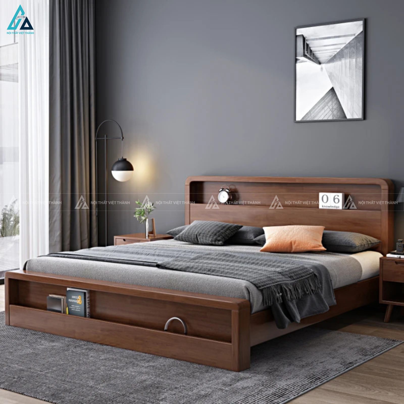 Mẫu giường gỗ tự nhiên đa năng tích hợp kệ đầu và đuôi giường 3