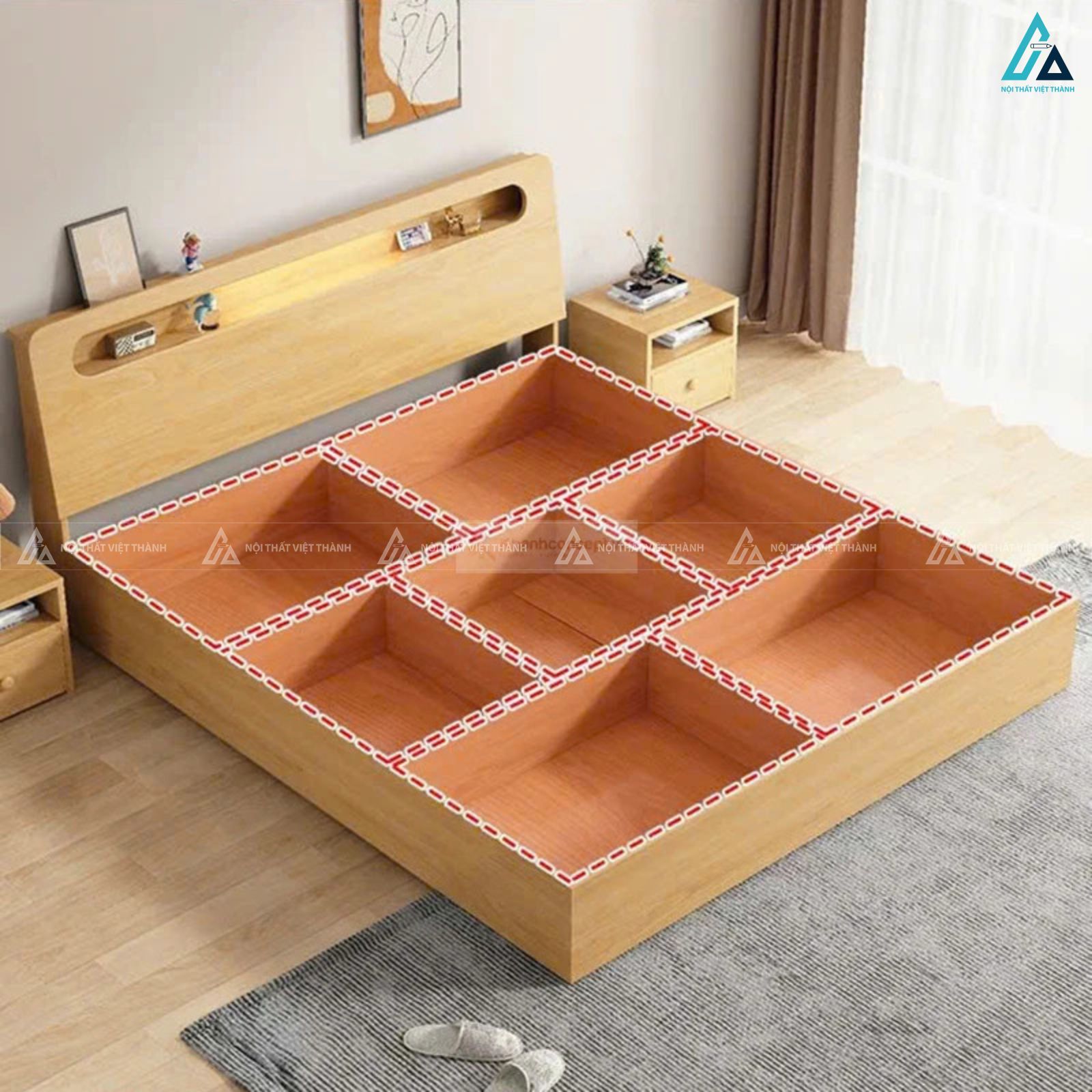 Giường ngủ gỗ tự nhiên tối giản với không gian lưu trữ đầu giường 3