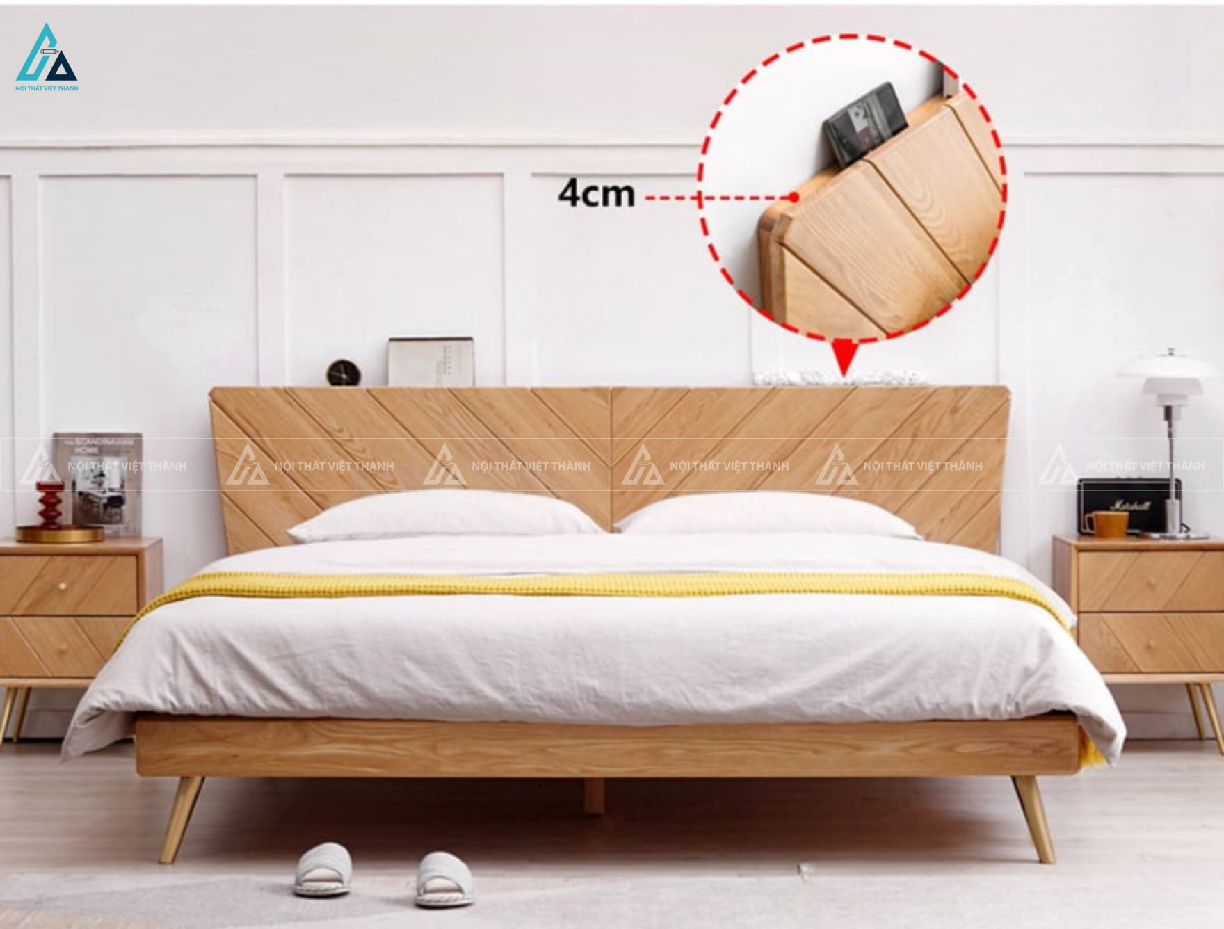 Mẫu giường gỗ tự nhiên thiết kế thông minh với đầu giường tiện ích