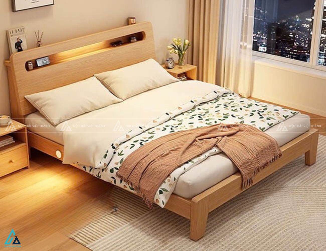 Giường ngủ gỗ tự nhiên có kệ đầu giường tích hợp đèn led tiện lợi 1