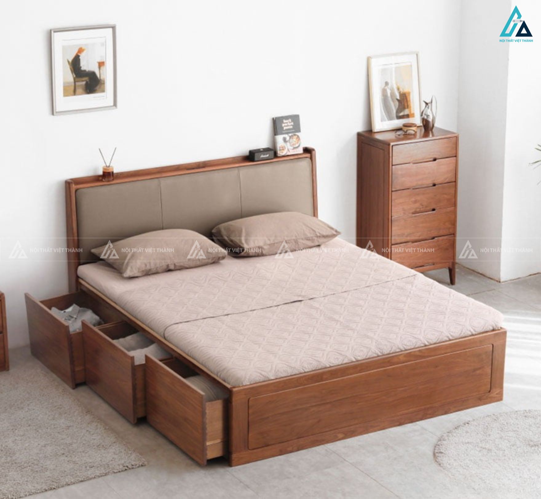 Giường ngủ gỗ tự nhiên bọc nệm phong cách tối giản sang trọng 2