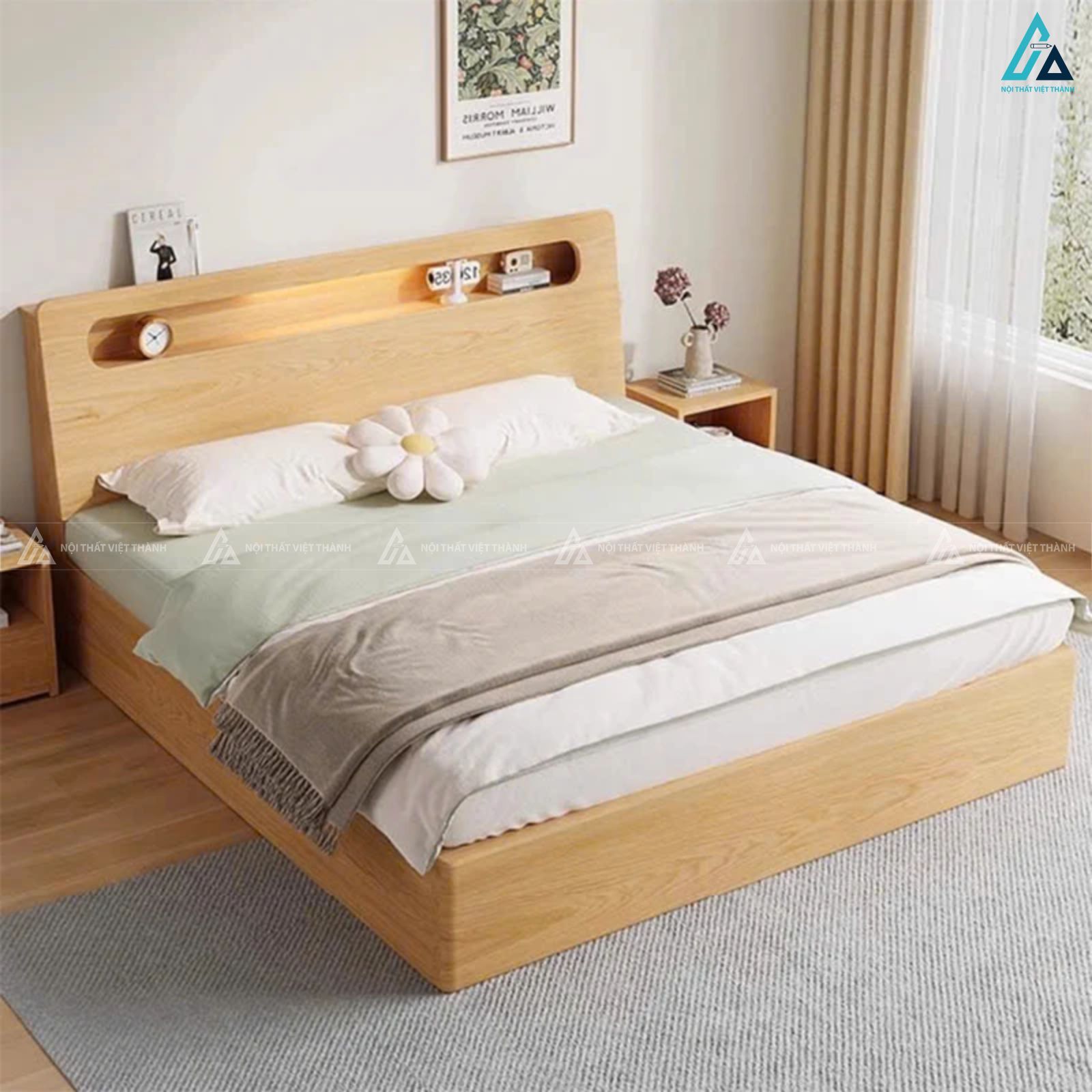 Giường ngủ gỗ tự nhiên tối giản với không gian lưu trữ đầu giường 4