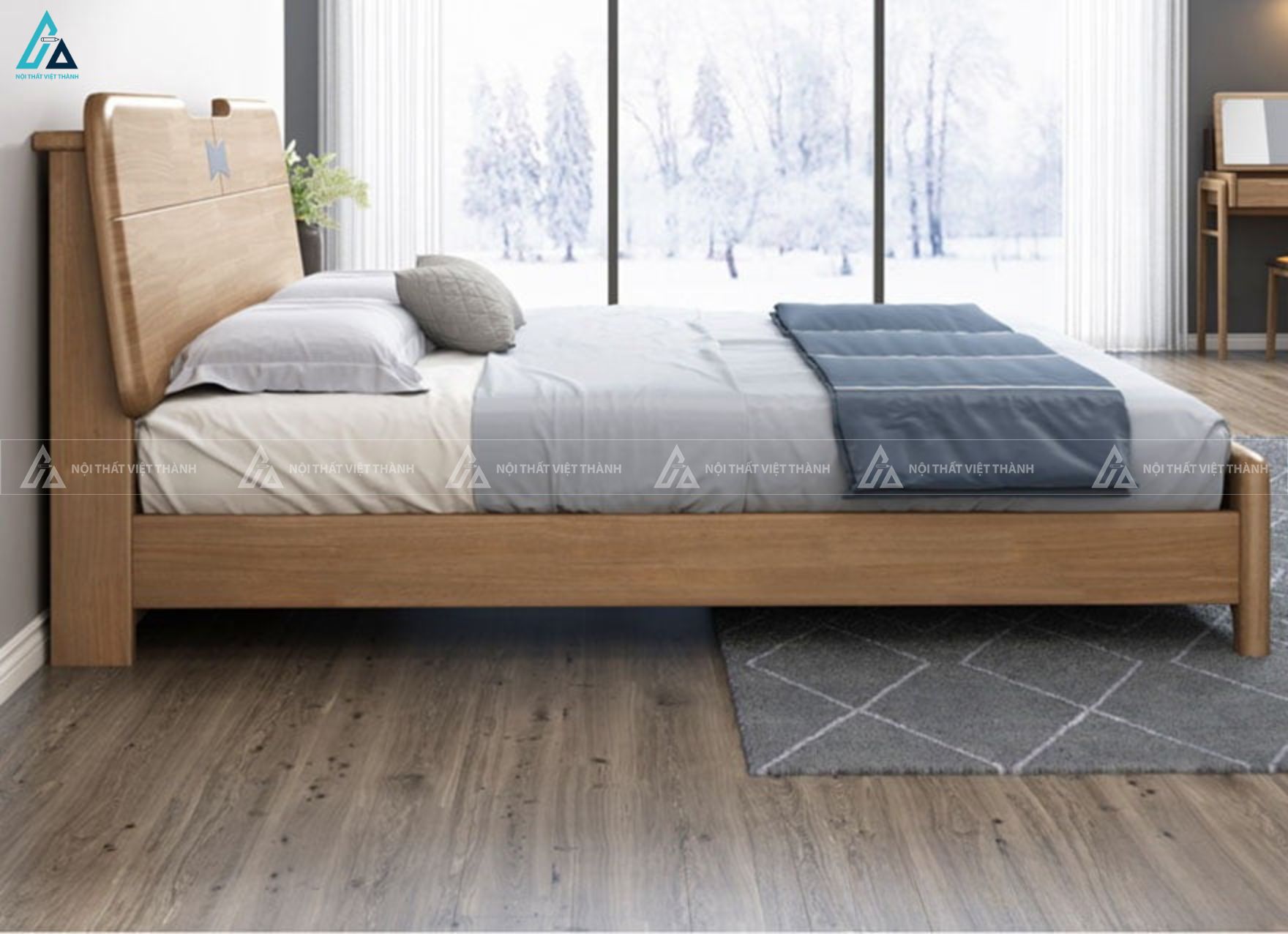 Mẫu giường gỗ tự nhiên thiết kế bo góc thanh lịch cho phòng ngủ 2